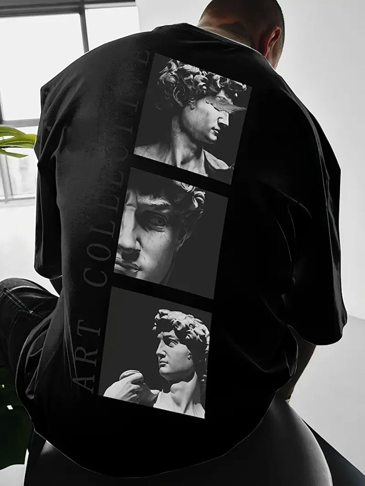 Benzersiz Sırt Baskılı Erkek Sokak Stili Bol Tişört - Nefes Alabilir Polyester, Makinede Yıkanabilir - Siyah