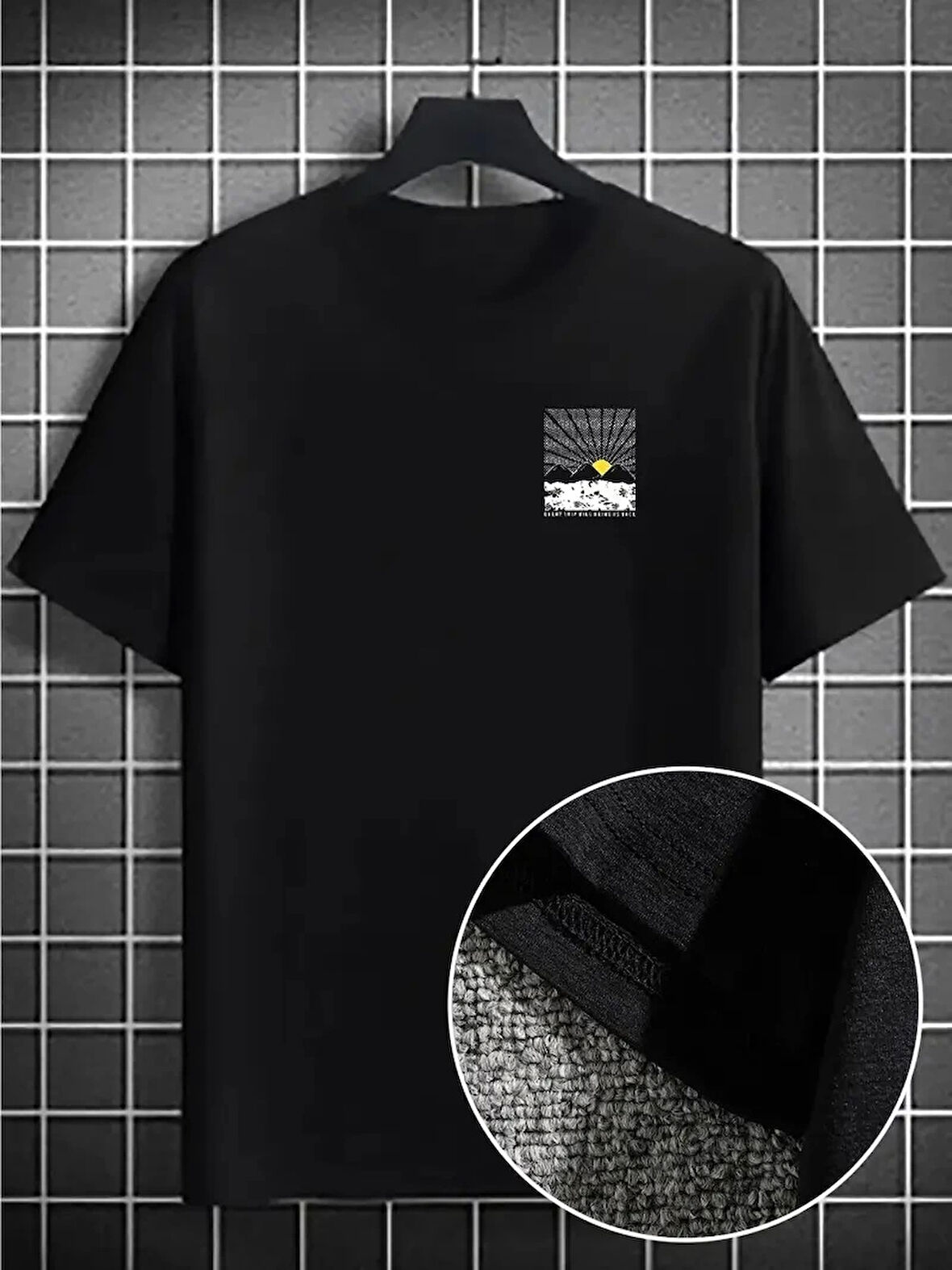 Erkek Dağ Grafikli Tişört, Yaz için Büyük Beden Rahat T-shirt - Siyah