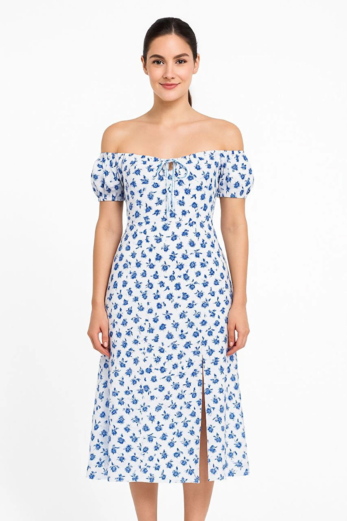 Bardot Omuzu Acık Çiçek Desenli Elbise - Desenli