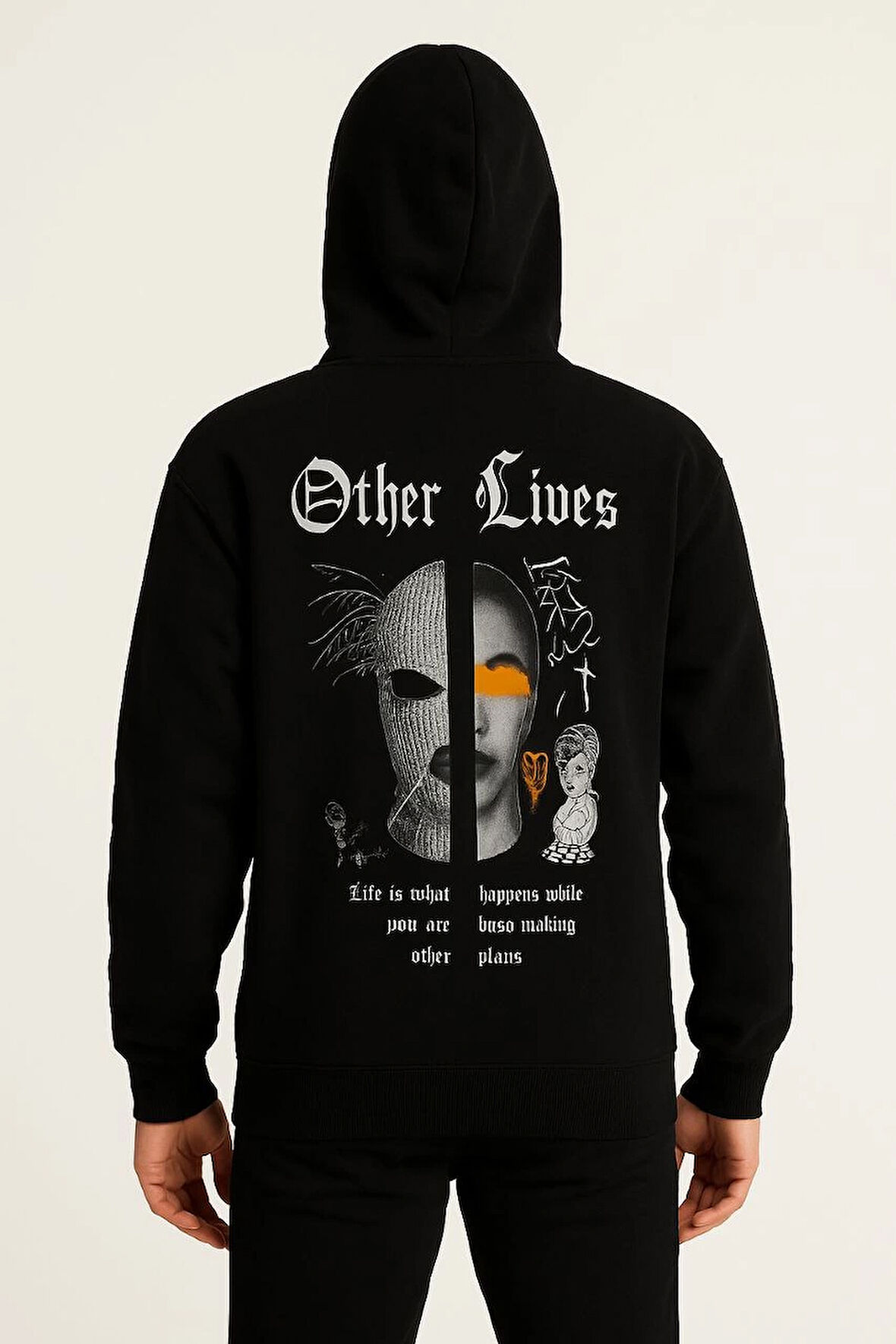Erkek Kapşonlu Sweatshirt 'Other Lives' Ön & Arka Baskılı - Siyah