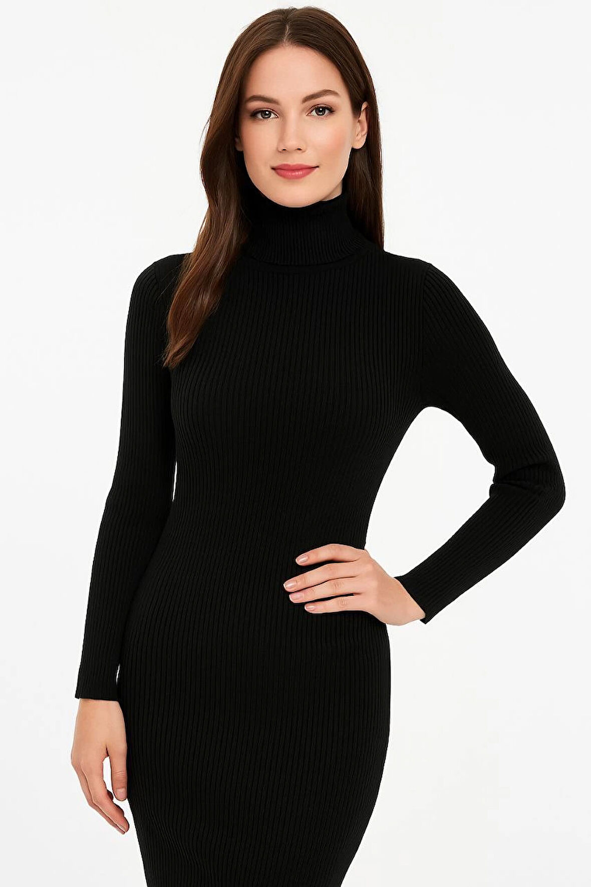Kadın Boğazlı Triko Elbise - Siyah