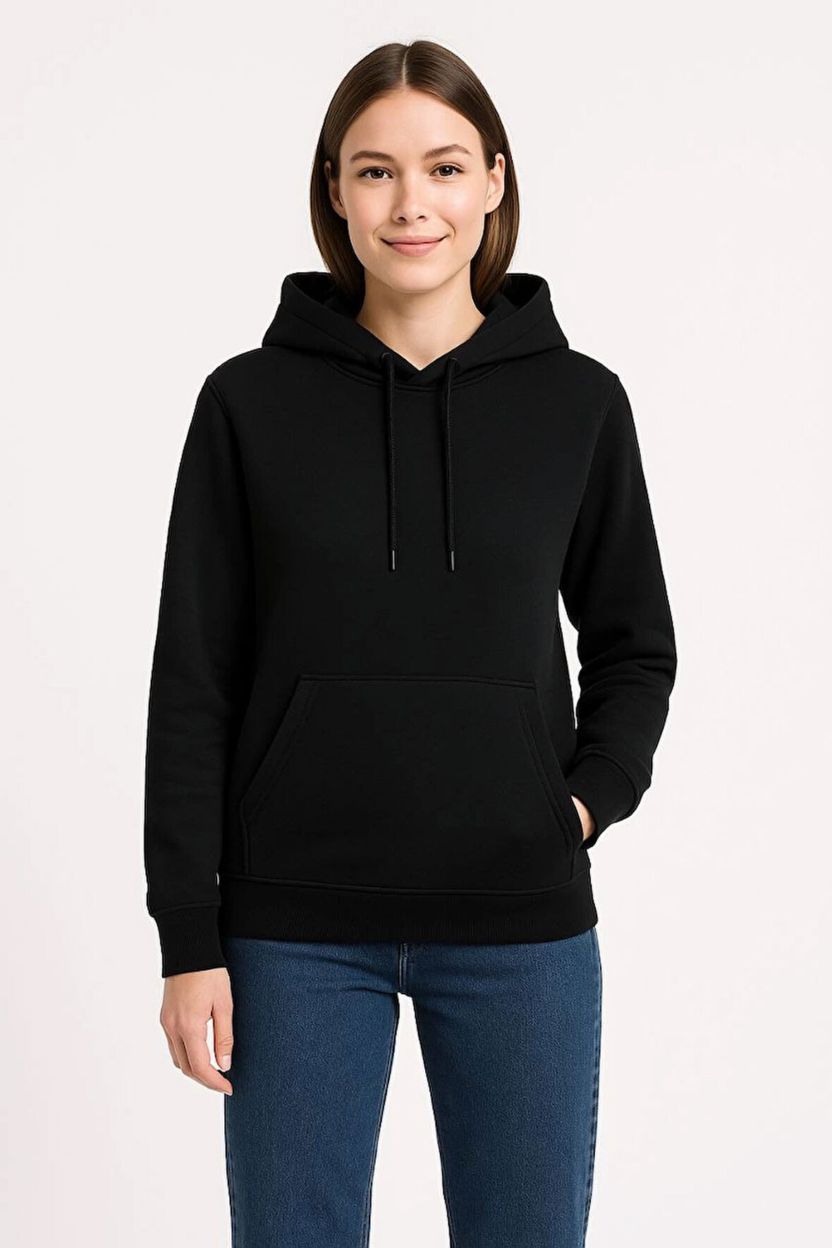 Kadın Üç İplik Kapüşonlu Kanguru Cepli Sweatshirt hoodie - Siyah