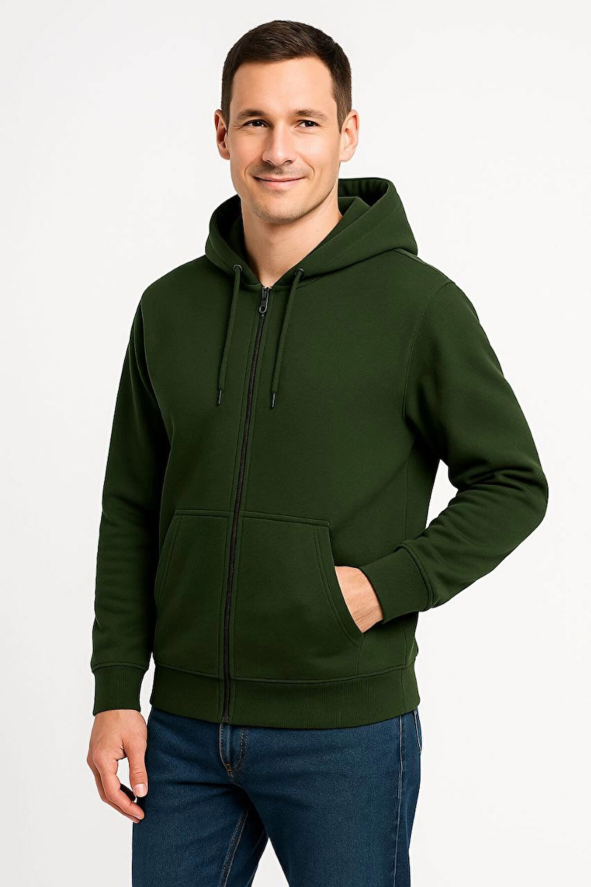 Erkek Üç İplik Kapüşonlu Tam Fermuarlı Kanguru Cepli Sweatshirt Hoodie - Haki