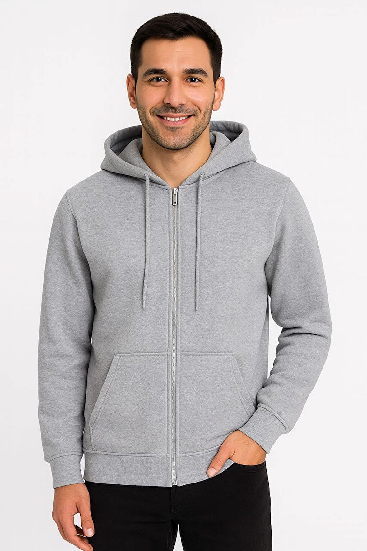 Erkek Üç İplik Kapüşonlu Tam Fermuarlı Kanguru Çepli SweatShirt Hoodie - Gri