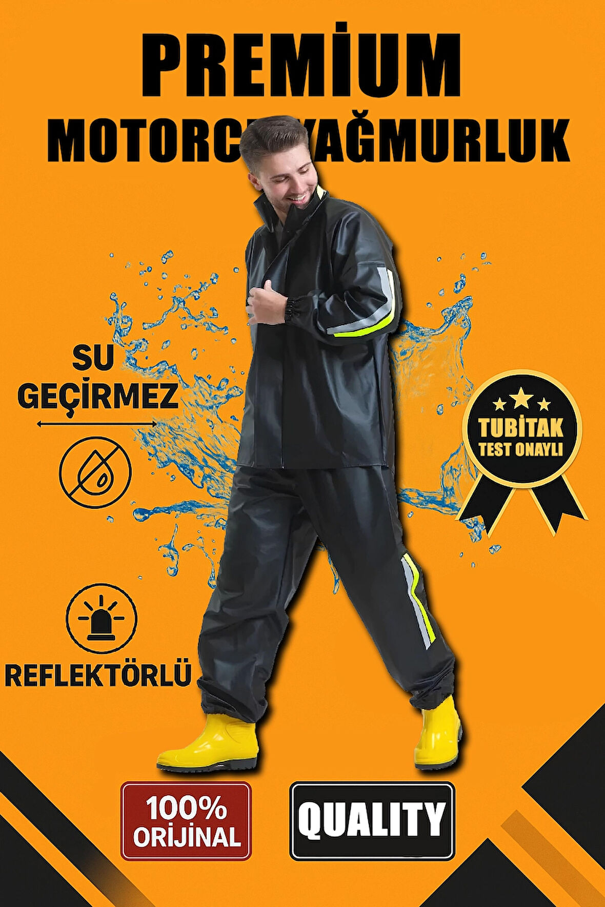 Premium Motorcu Kurye Yağmurluk Takım Su Geçirmez PVC Kumaş Reflektörlü TÜBİTAK Onaylı - Siyah
