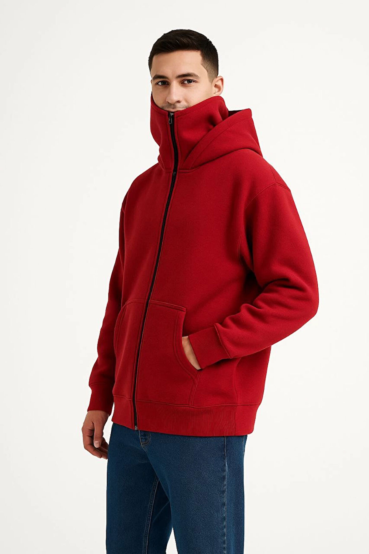 Samuray Ninja Çift Kapşonlu ZIP Fermuarlı Kanguru Çepli Tam Fermuarlı Hoodie Swetshirt - Kırmızı