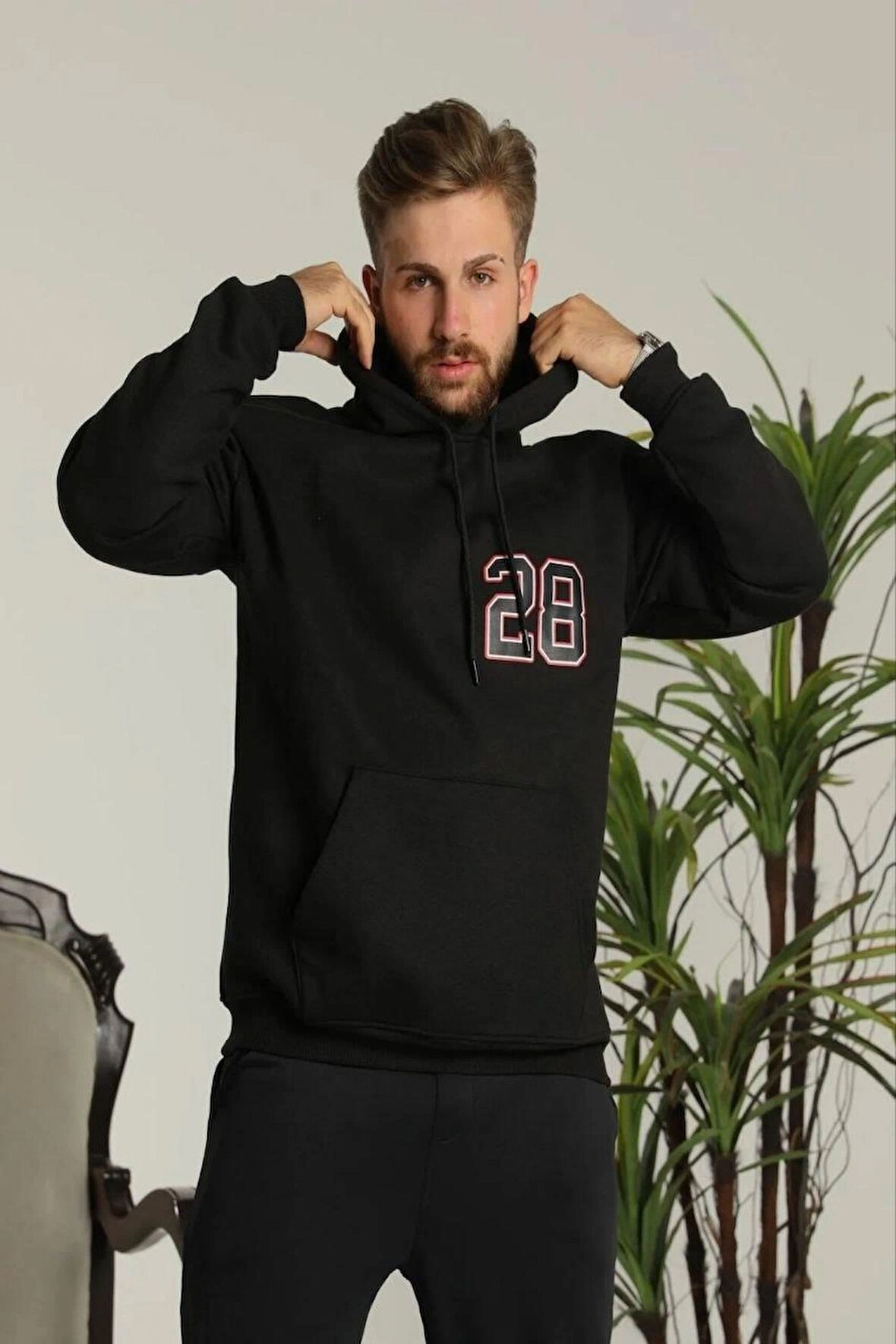 Erkek Oversize Kapüşonlu Sweatshirt -Sırt ve Ön Baskılı, Siyah