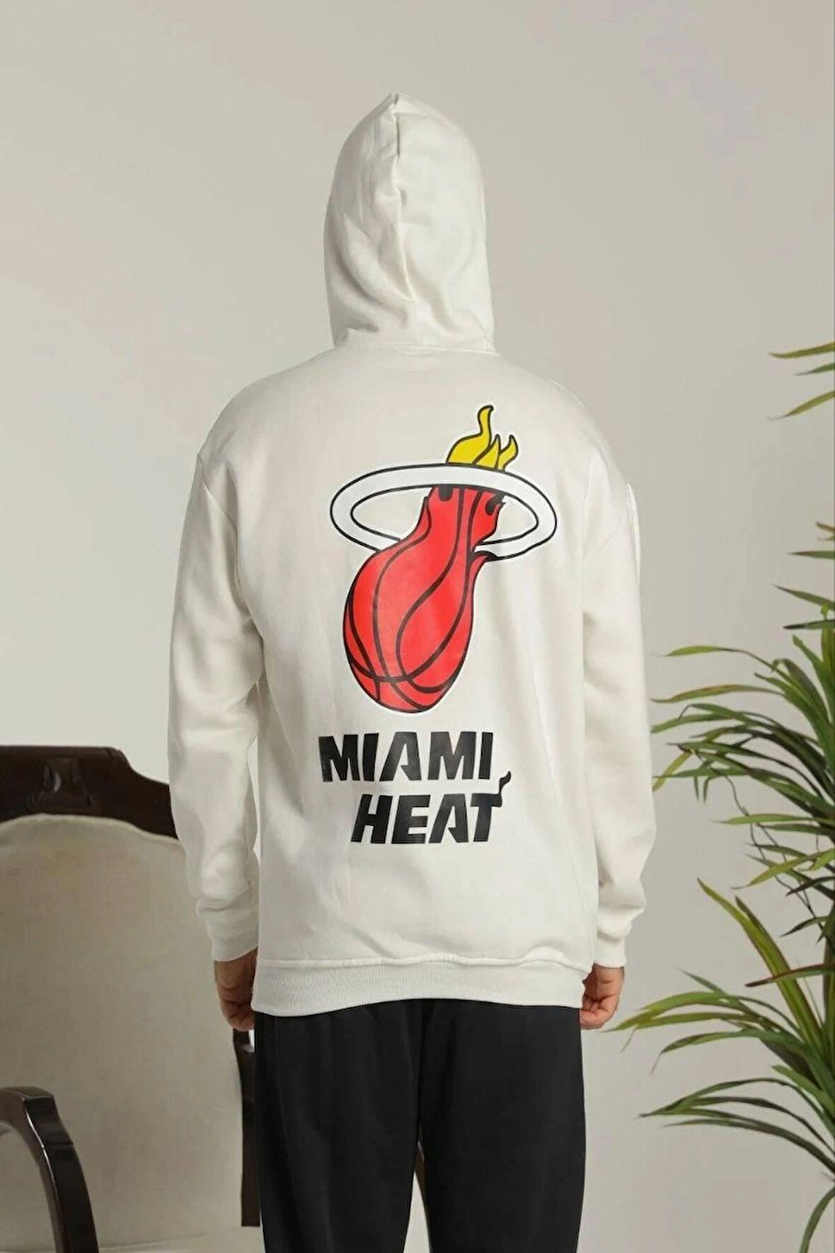 Erkek OversizeKapüşonlu Sweatshirt -Sırt ve Ön Baskılı Siyah Beyaz