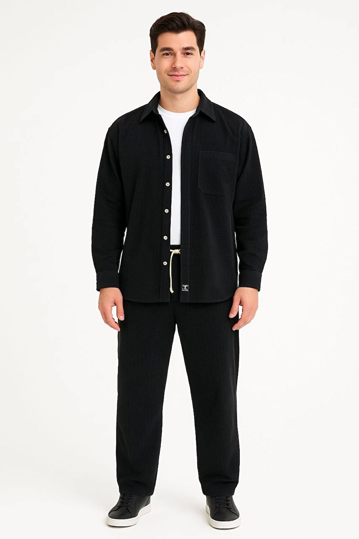 Erkek Kadife Oversize Takım - Gömlek ve Pantolon İkili Set Siyah