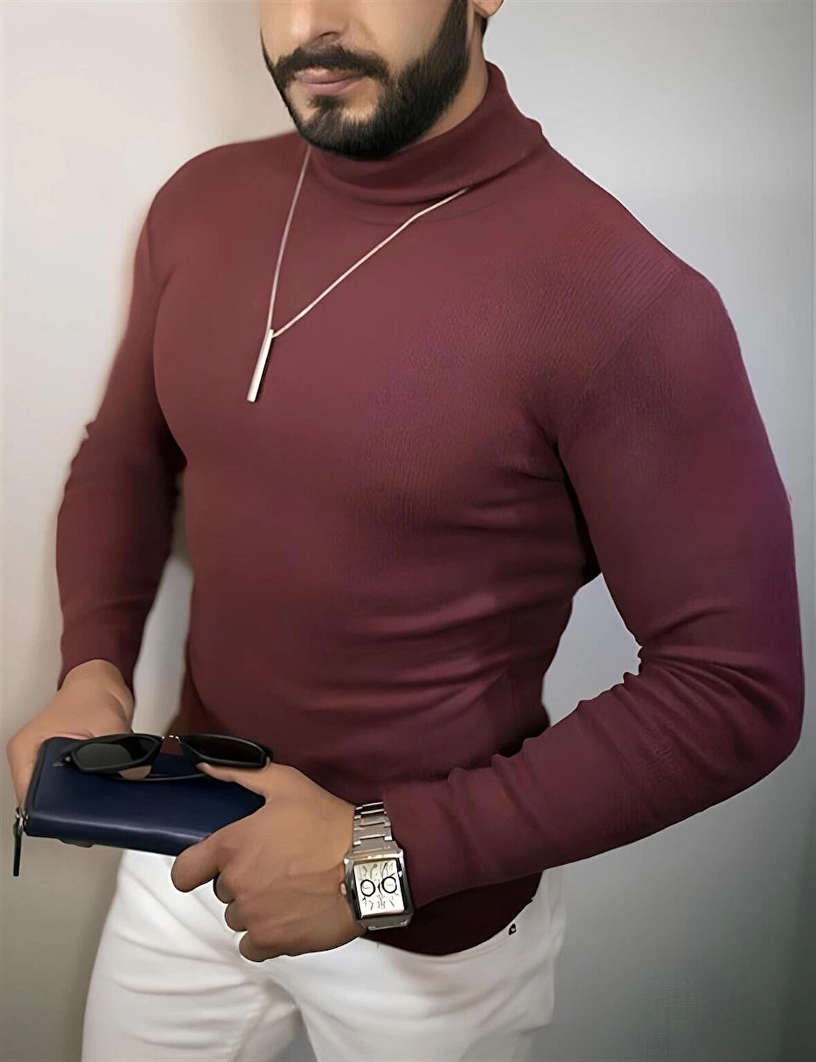 Erkek Tam Boğazlı Kaşkorse Triko - Likralı, Extra Dar Kesim Slimfit,Bordo