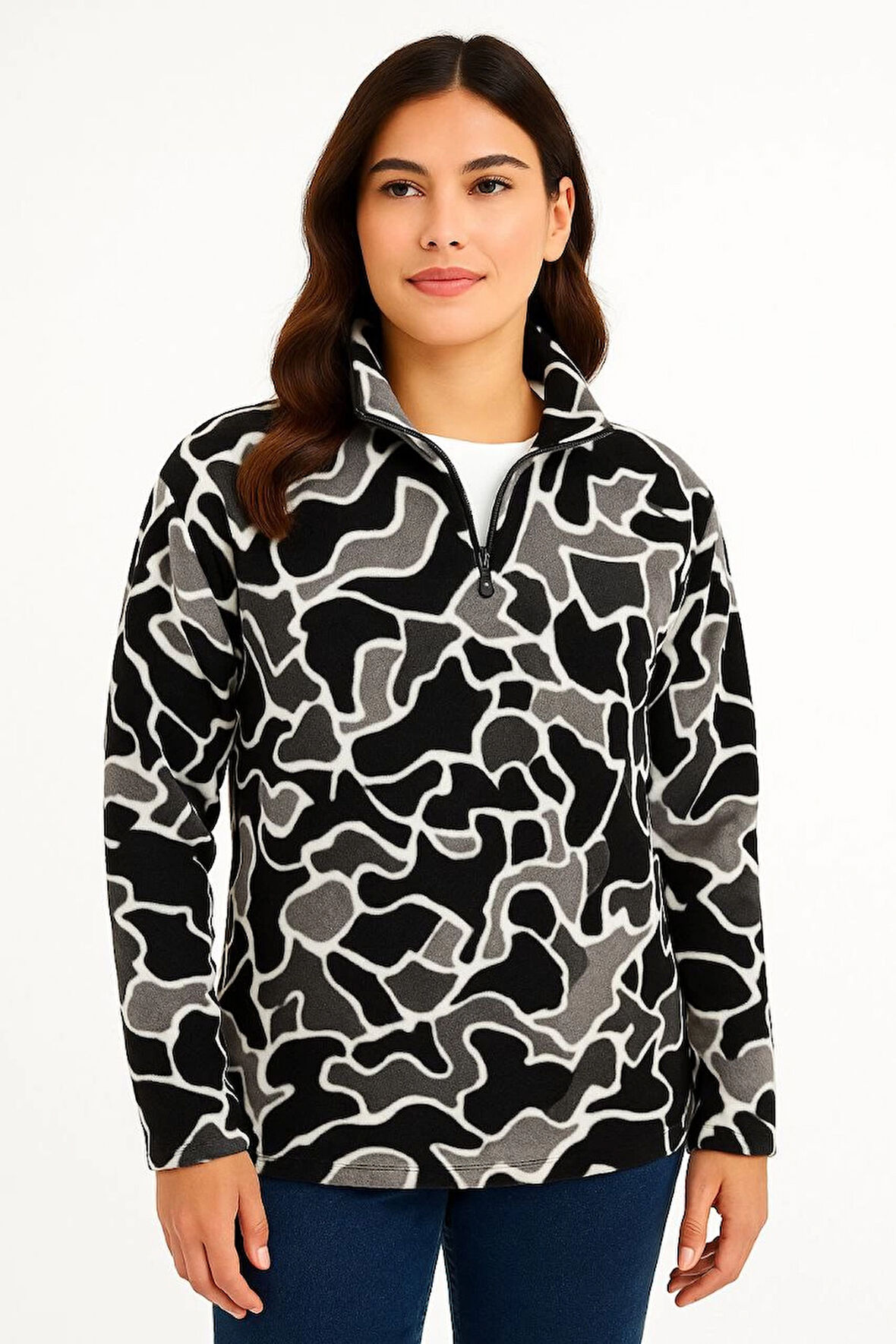 KADIN Yarım Fermuarlı Desenli Polar Sweat Yakalı, Uzun Kollu, Oversize Rahat Kalıp - Siyah