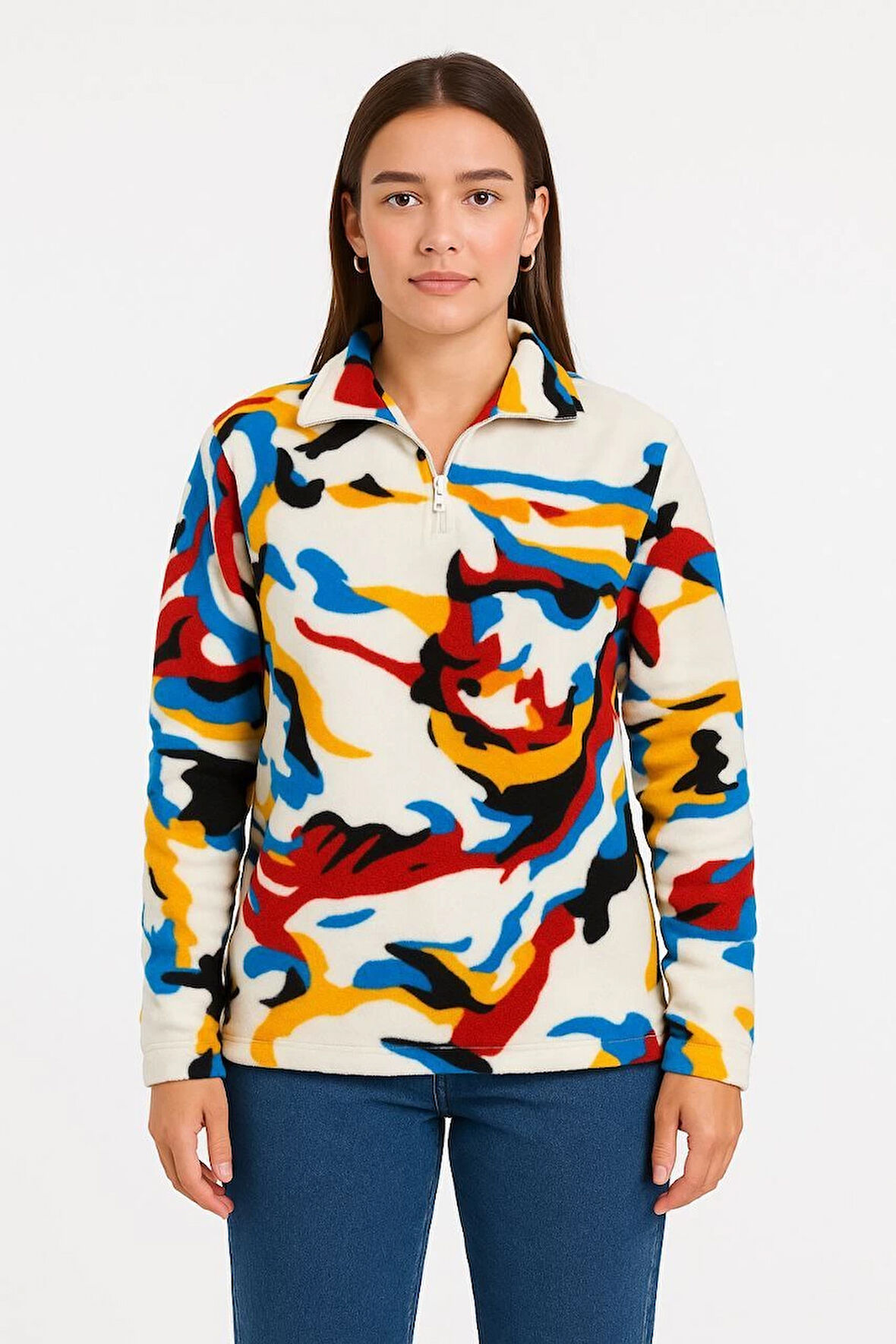 Kadın Yarım Fermuarlı Desenli Polar Sweat - Renkli Abstract Desen Yakalı, Uzun Kollu, Oversize Rahat Kalıp - Beyaz