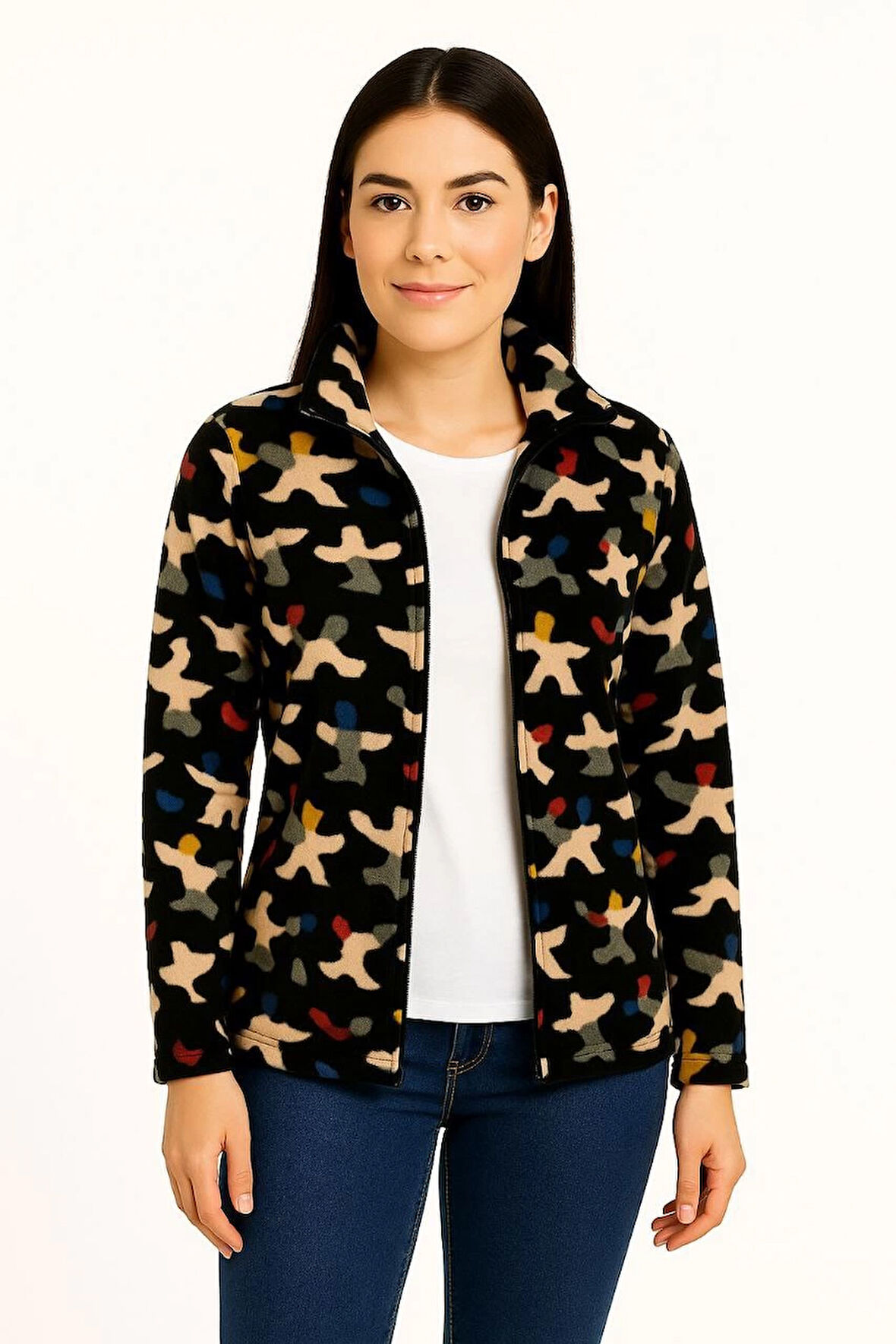 Kadın Tam Fermuarlı Desenli Polar Sweat - Siyah Multicolor Figür Desen Yakalı, Uzun Kollu, Oversize Rahat Kalıp - Siyah