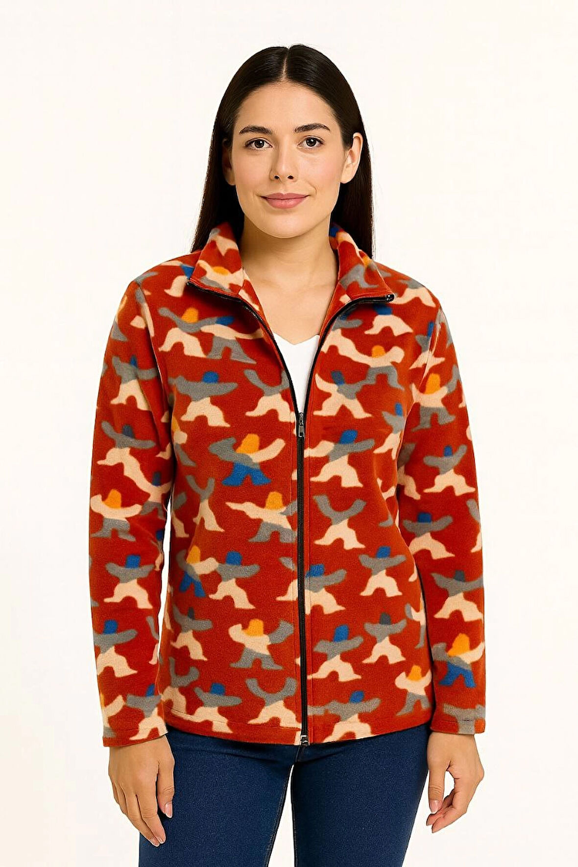 Tam Fermuarlı Desenli Polar Sweat - Siyah Multicolor Figür Desen Yakalı, Uzun Kollu, Oversize Rahat Kalıp - Kiremit