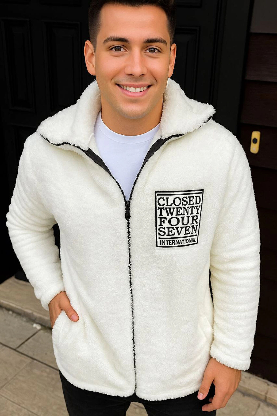 Erkek Polar Fermuarlı Sweatshirt - Kapüşonsuz, Cepli, Yumuşak Dokulu, Oversize Rahat Kalıp, Kışlık Sıcak Tutan Fermuarlı Üst - Beyaz