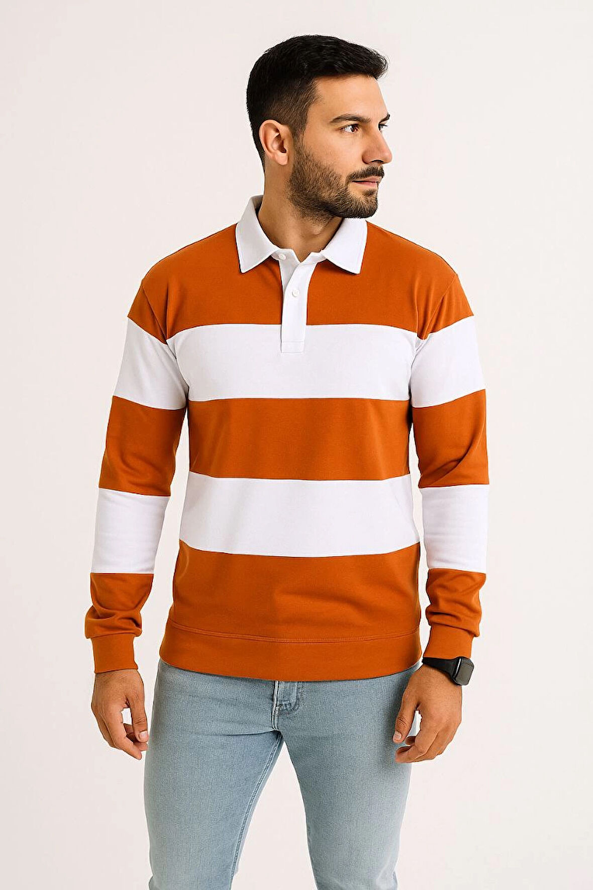 Polo Yaka Uzun Kollu Çizgili Sweatshirt Trend Rugby Stil - Turuncu