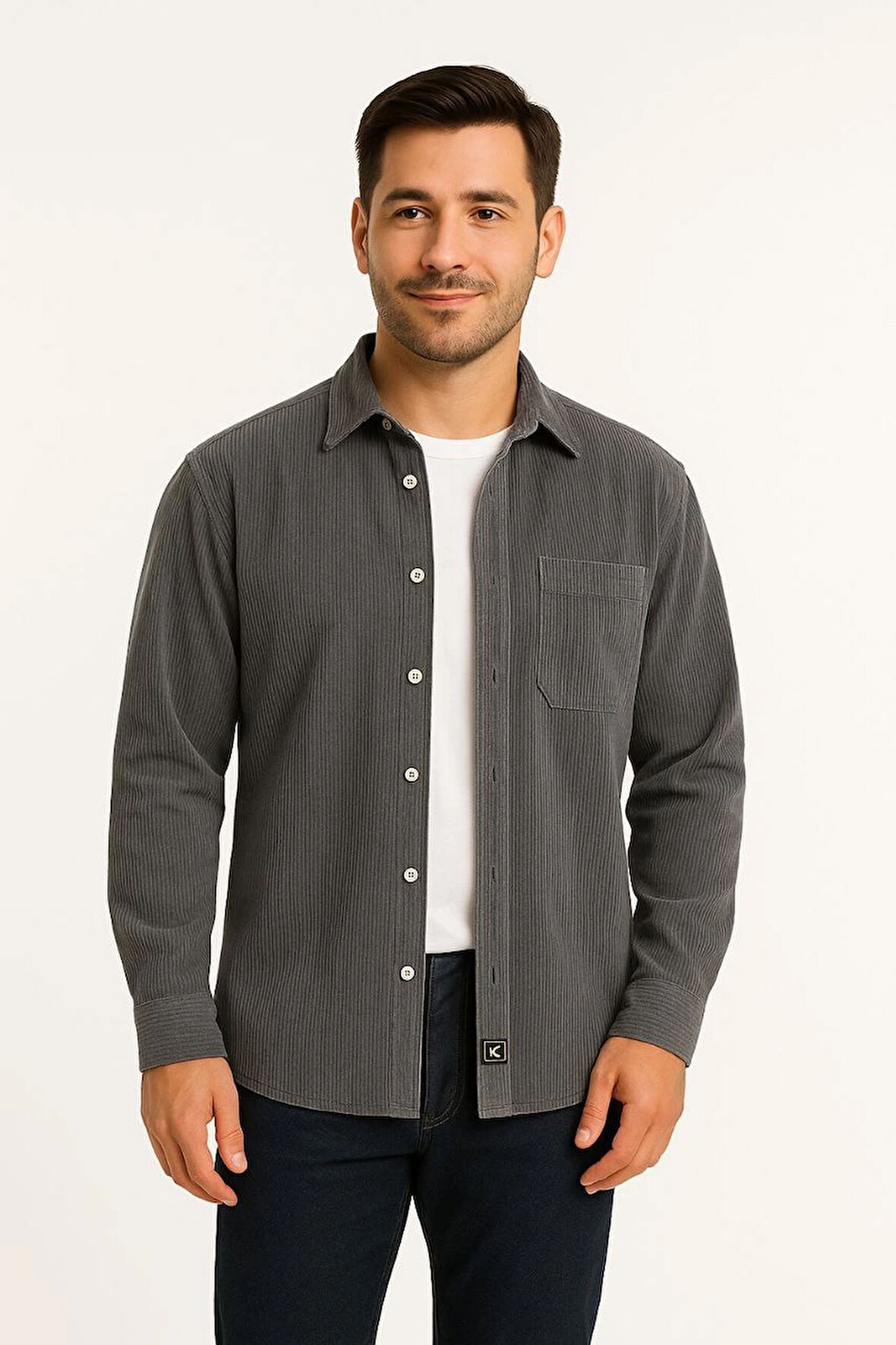 Erkek Fitilli Kadife Cepli Gömlek Oversize Rahat Kalıp - Füme