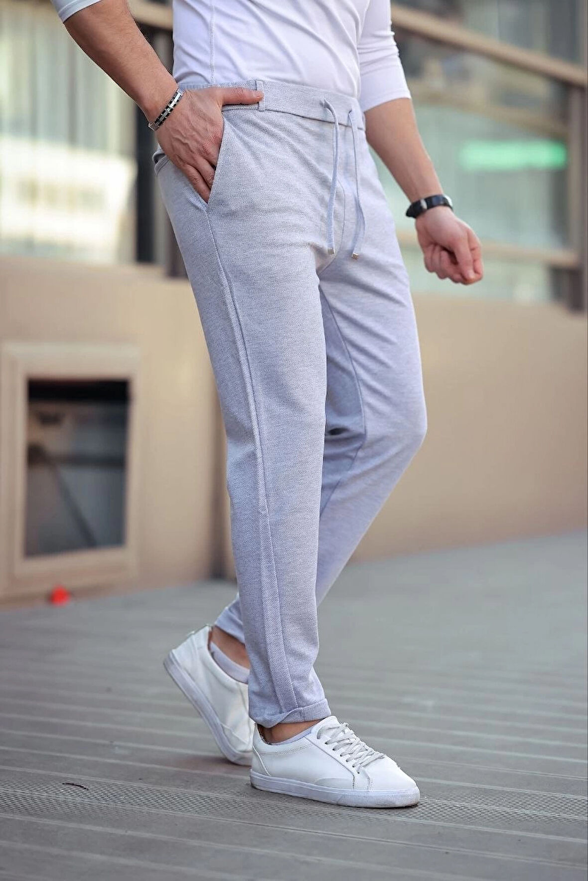 Diagonel Mikro dokulu Cepli Beli Lastilki Pantolon - Gri