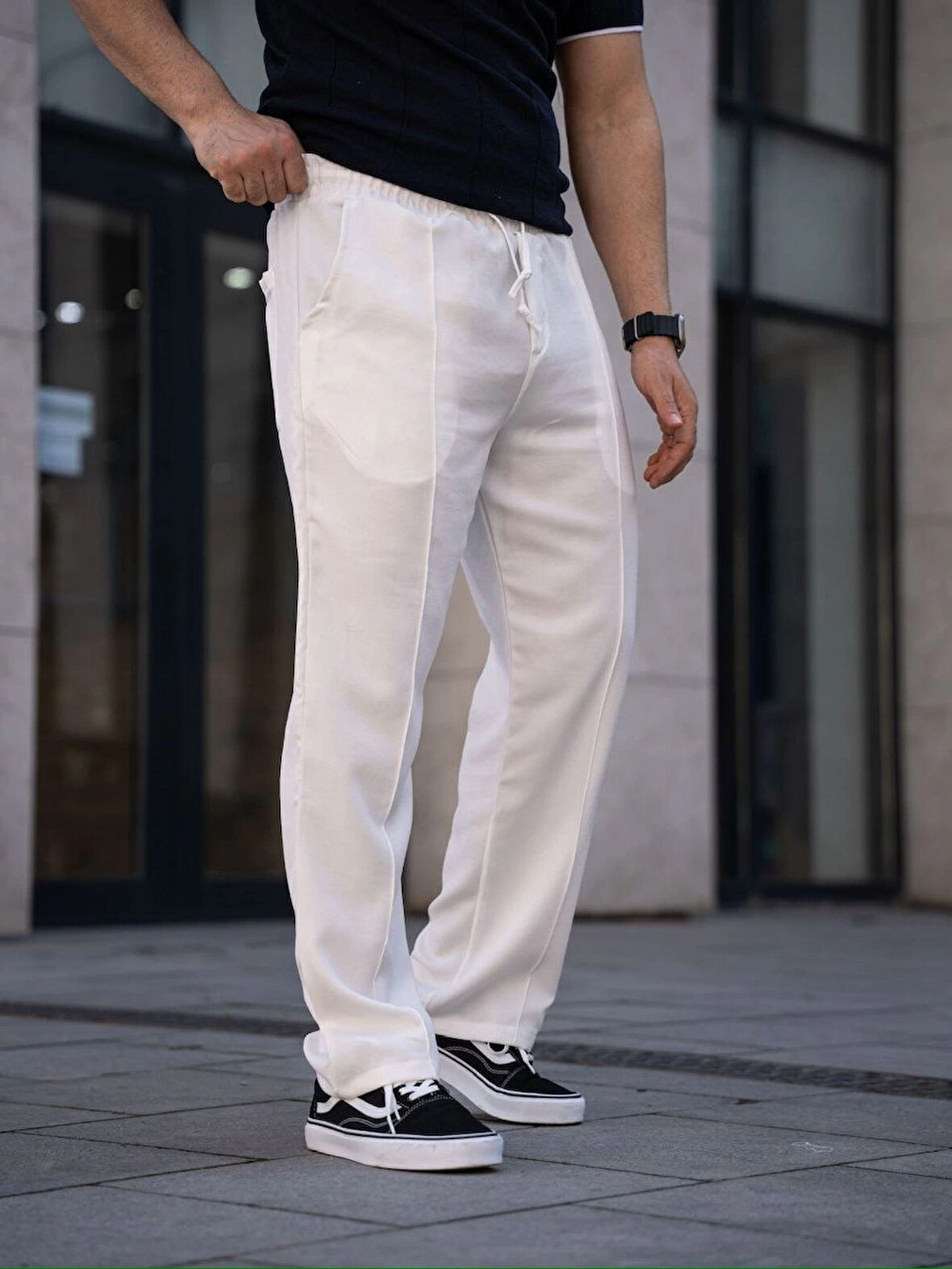 Erkek Keten Cepli Çıma Dikişli jogger Buggy Pantalon Rahat kalıp - Beyaz