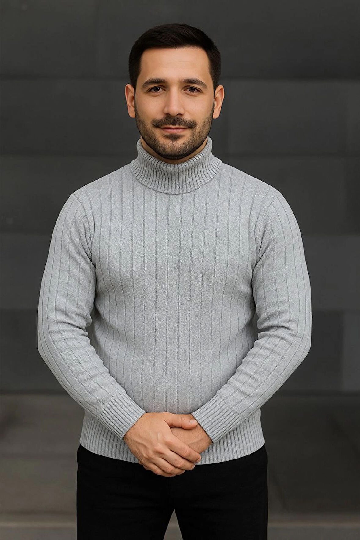 Balıkcı Yaka Bağazlı Triko Kazak Pamuklu Kalın Fitilli Dokuma, - Gri