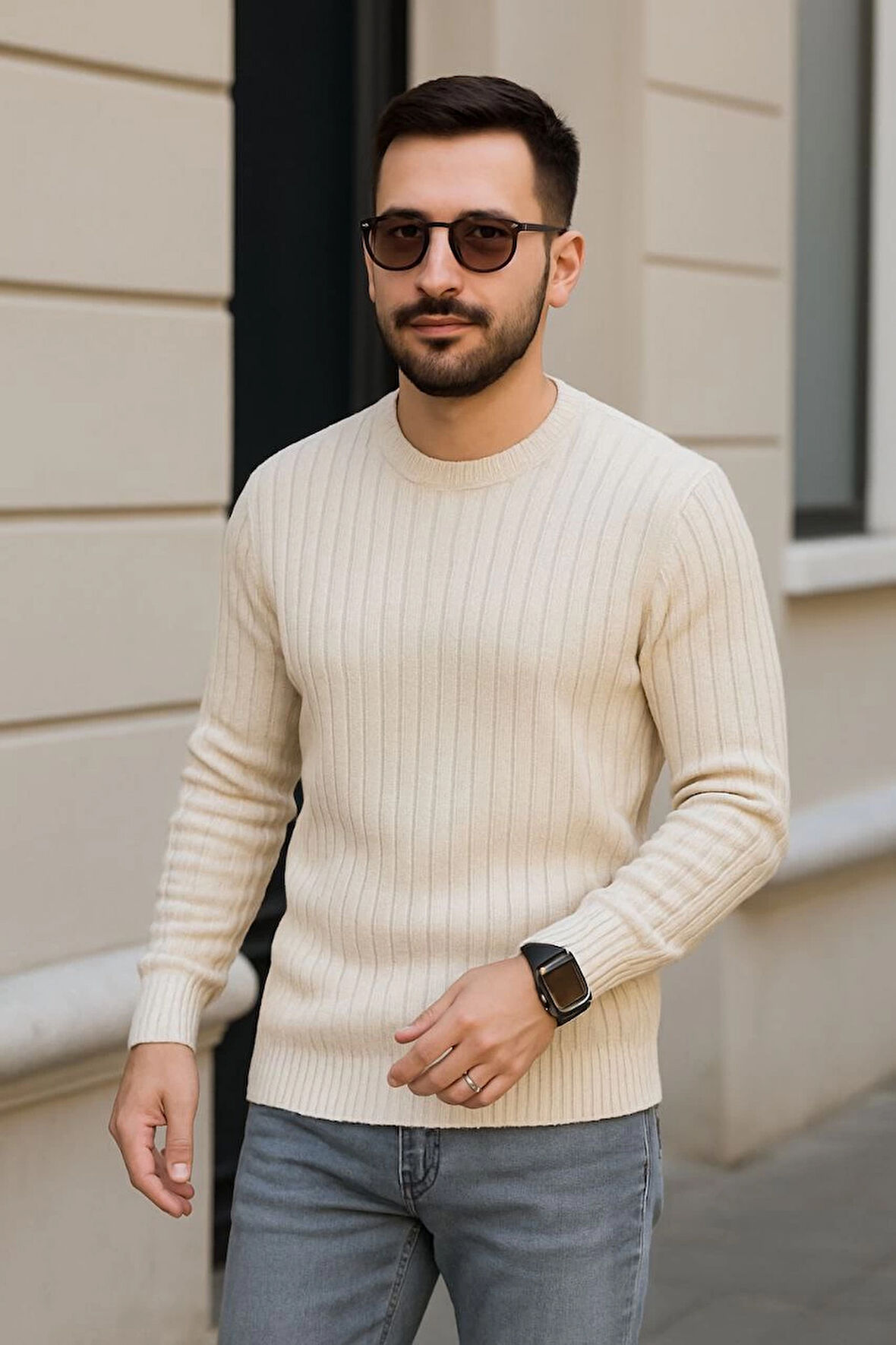 Erkek Bisiklet Yuvarlak Yaka Triko Kazak Pamuklu Kalın Fitilli Dokuma, Regular Fit Uzun Kollu Kışlık Model - Bej