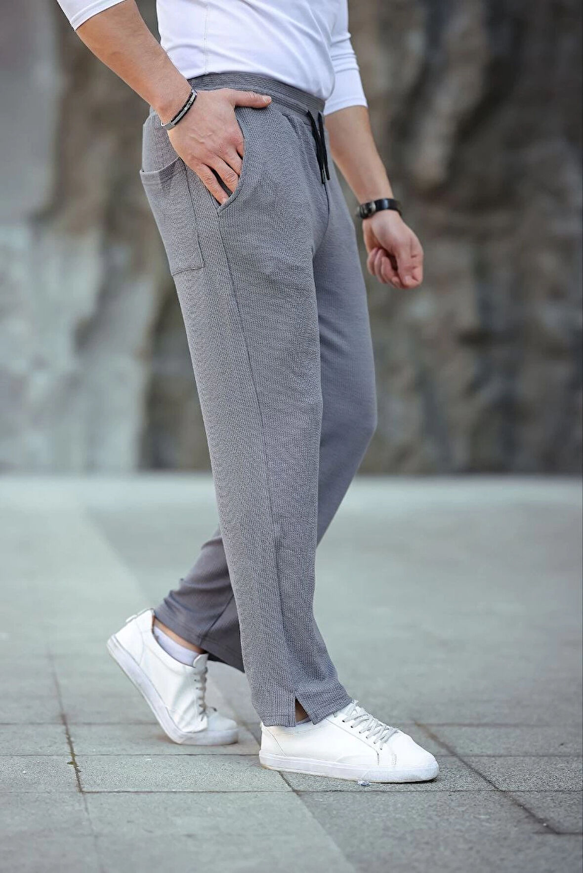 Paça Yırtmaçlı Burgu selanik dokulu Jogger Buggy Pantalon Rahat kalıp - Gri