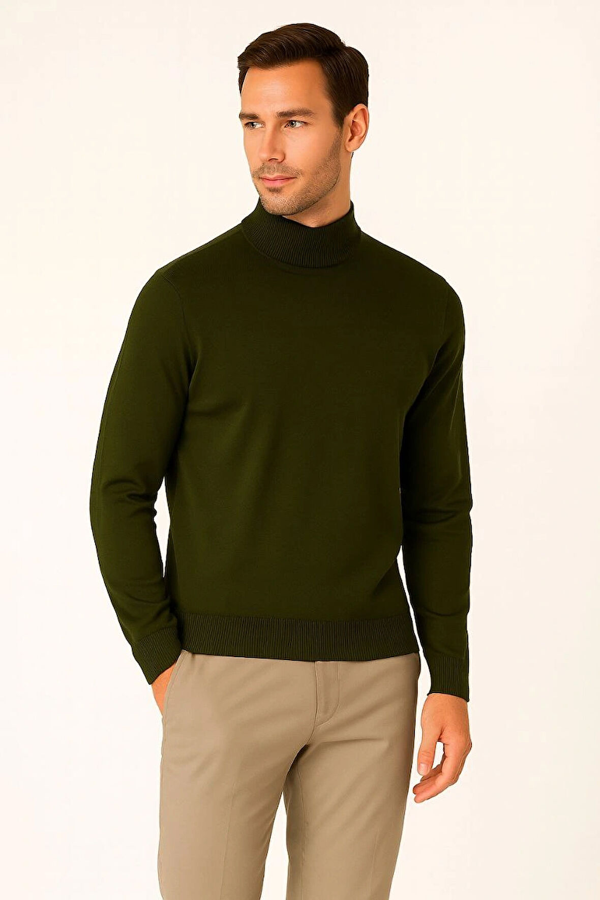 Velmora    Yarım Boğaz Triko Kazak yumuşak dokulu Pamuklu ince Dokuma, uzun kollu Rahat Regular kalıp - Haki