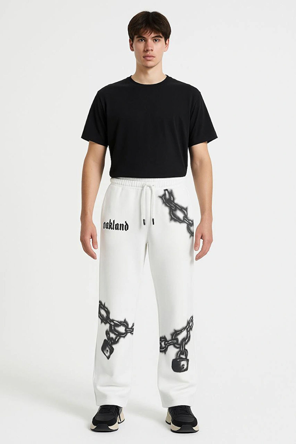 Erkek Üç İplik Pamuklu Baskılı Cepli Jogger Buggy Pantalon Oversize Kalıp - Beyaz