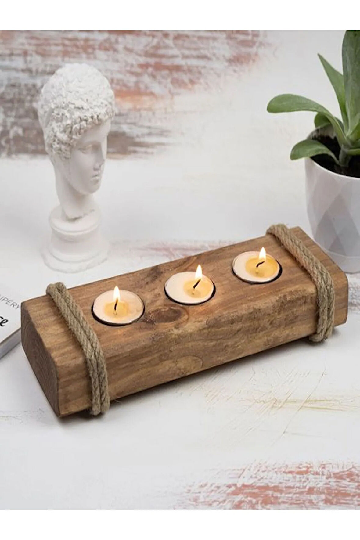 Ahşap Mumluk Halatlı