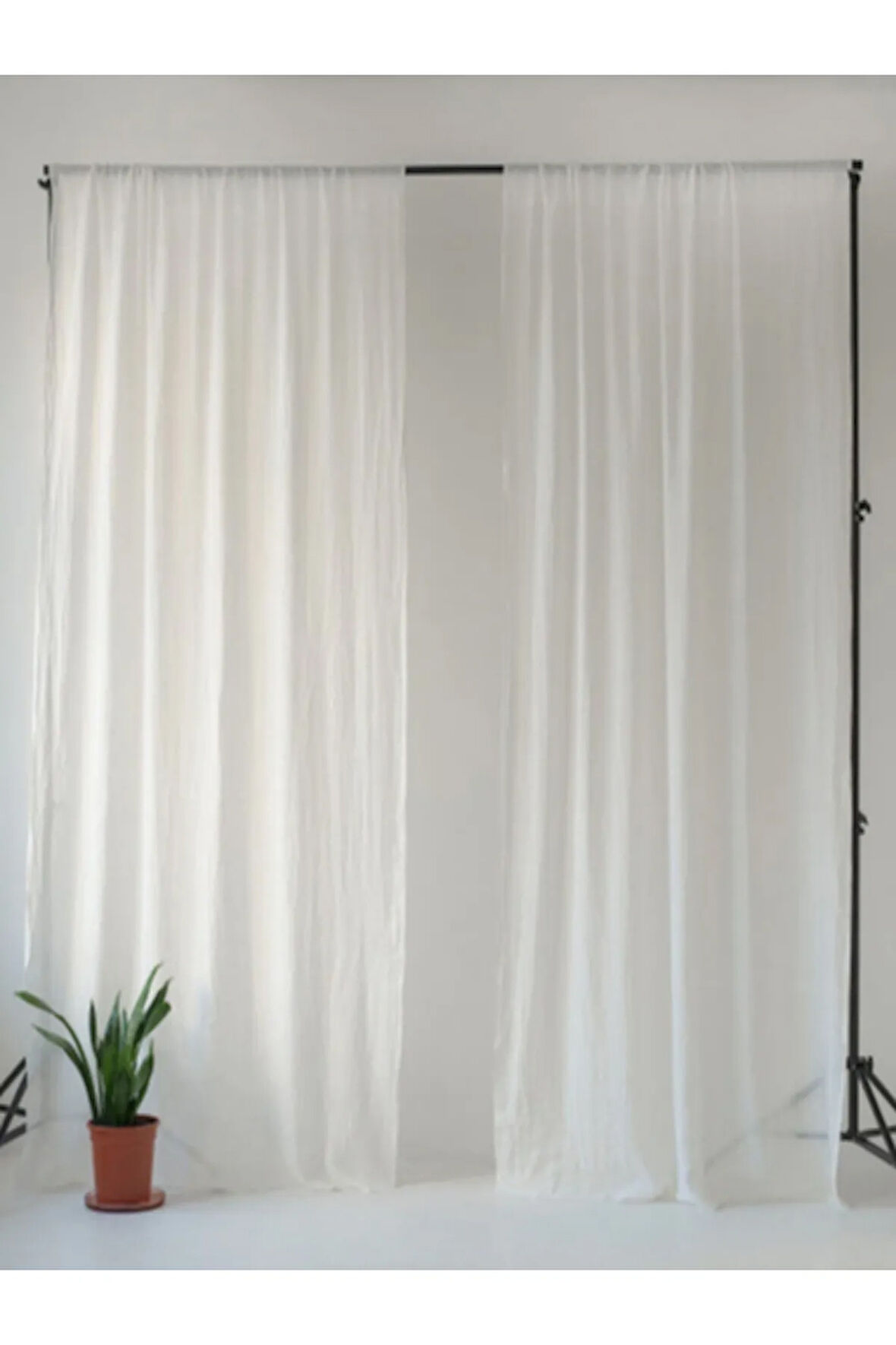 Beyaz Keten Perde Çubuk Cepli 2'li Set 130x170 cm