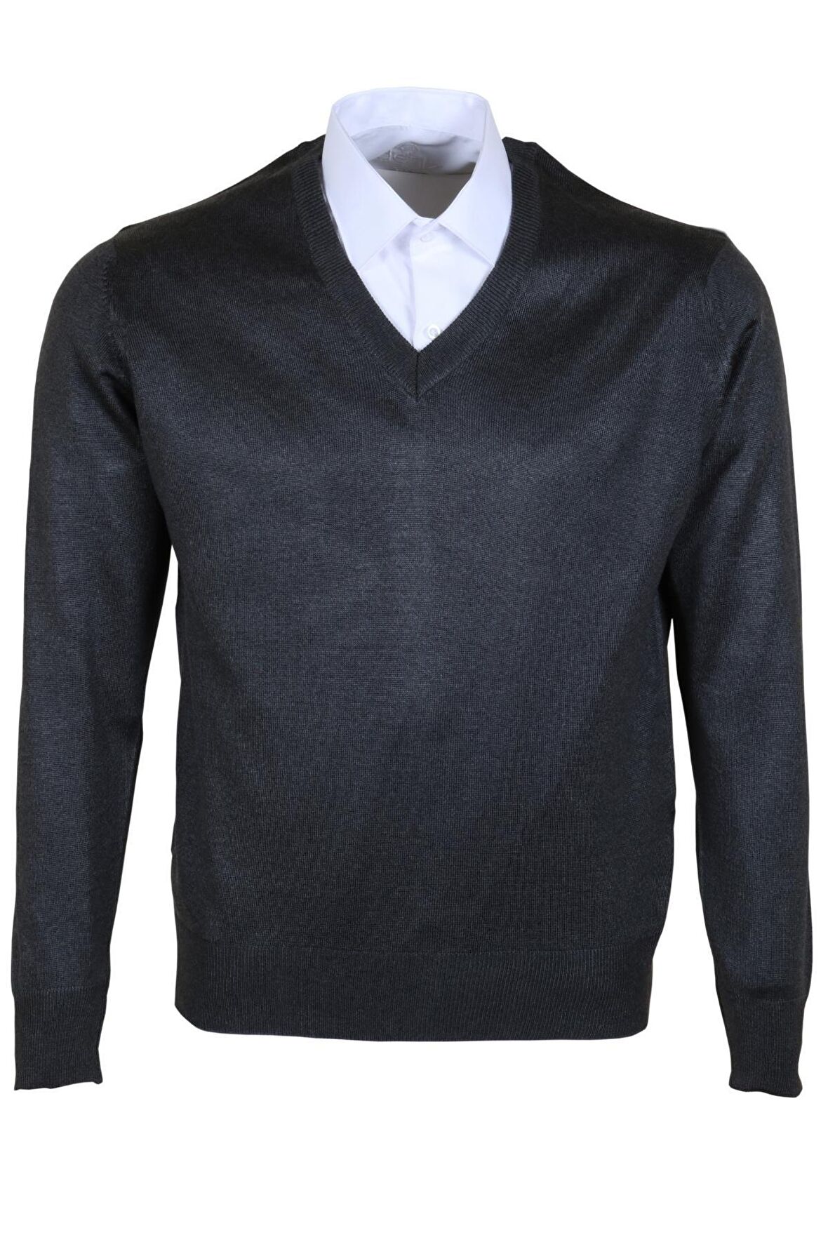 Erkek Yünlü Kazak V Yaka Normal Klasik Kesim Füme RAR00371 Füme-3XL