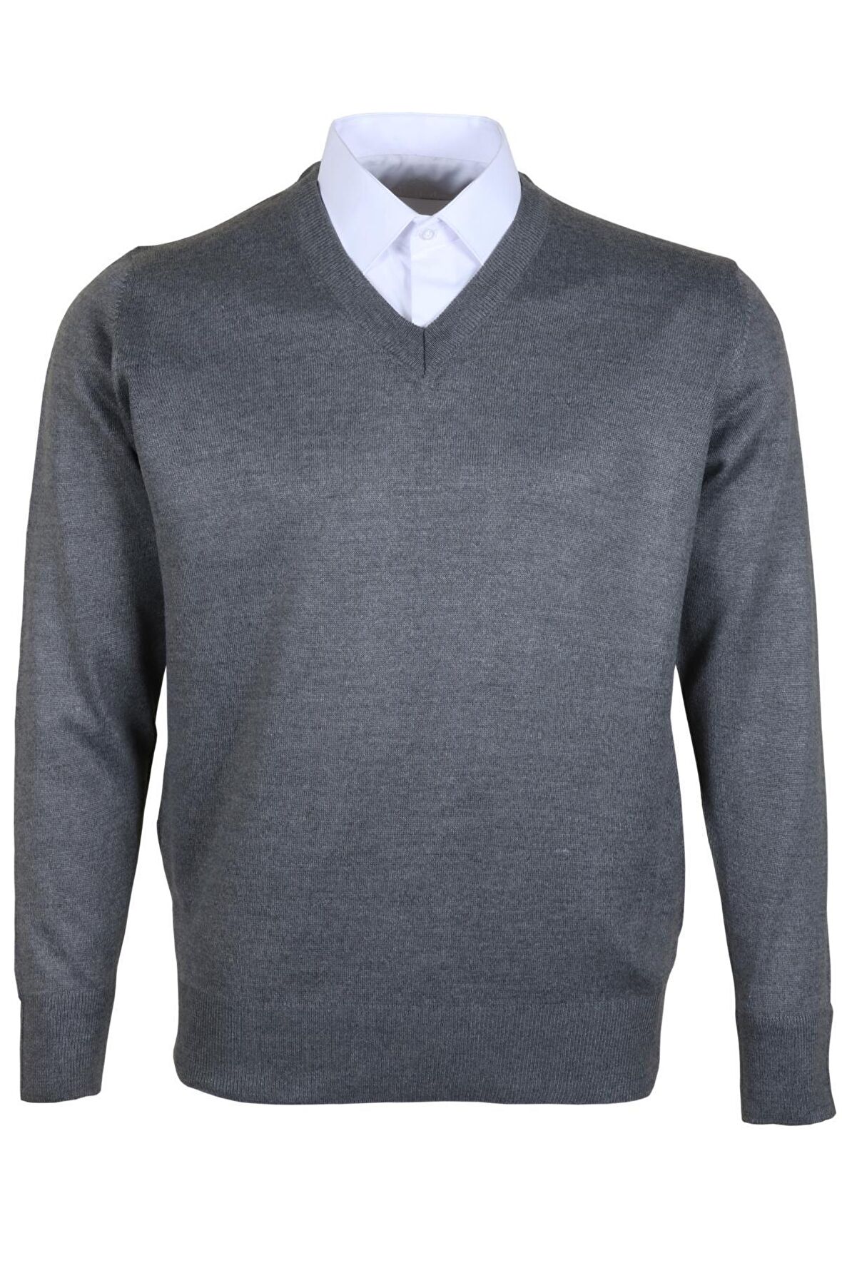 Erkek Yünlü Kazak V Yaka Normal Klasik Kesim Gri RAR00374 Gri-3XL