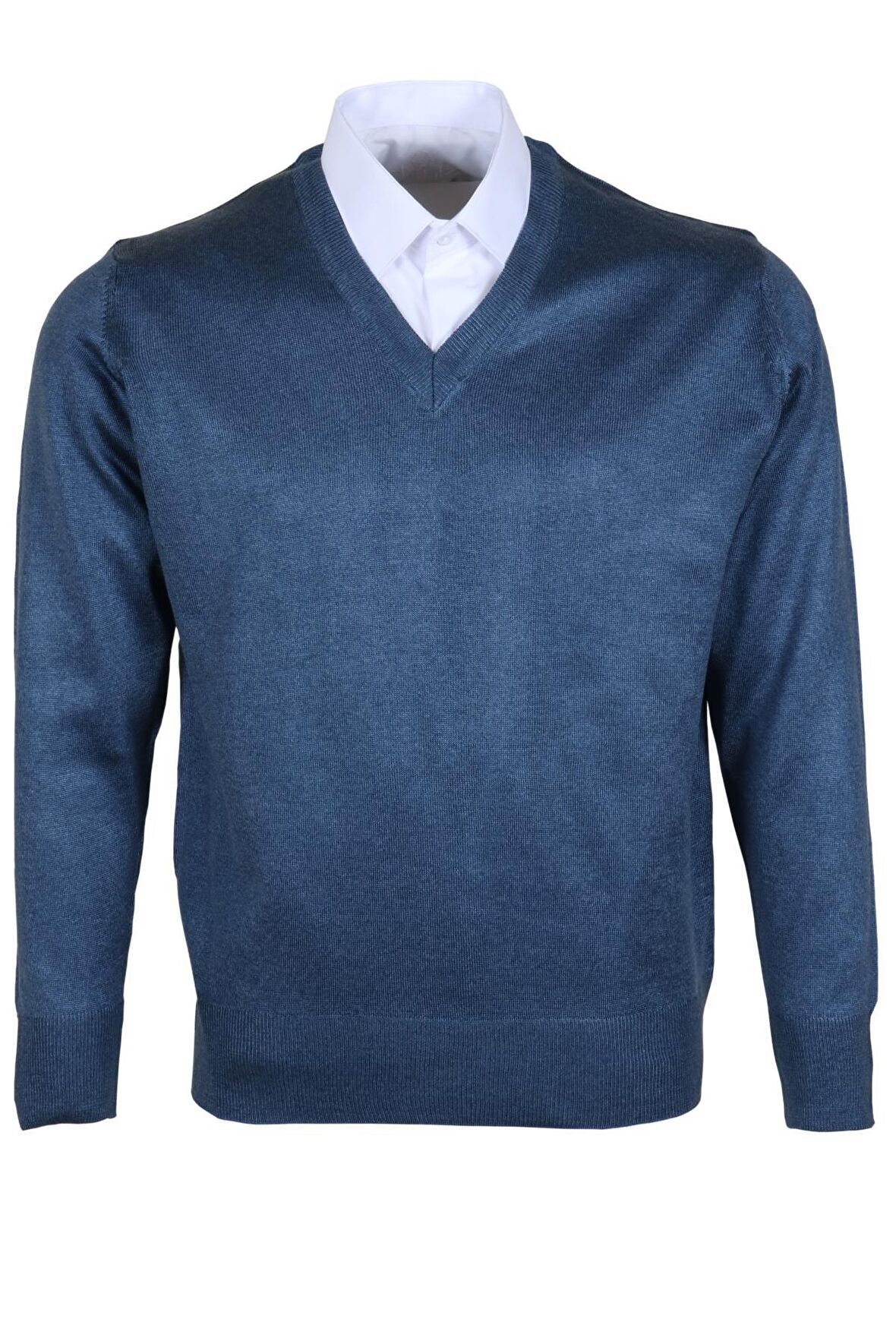 Erkek Yünlü Kazak V Yaka Normal Klasik Kesim Mavi RAR00376 Mavi-4XL