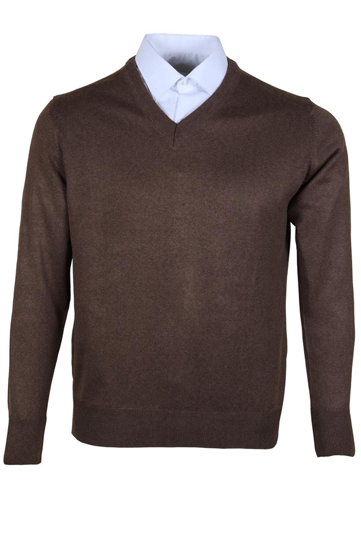 Erkek Yünlü Kazak V Yaka Normal Klasik Kesim Kahve RAR00377 Kahverengi-L