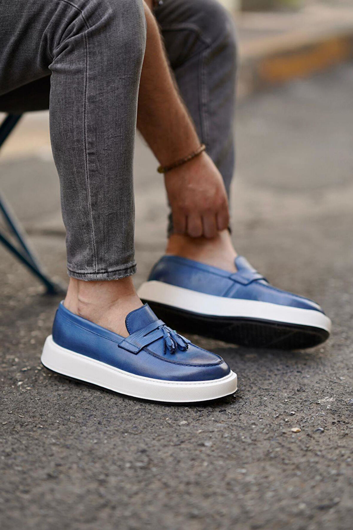 Shoetyle - Mavi Deri Bağcıksız Erkek Günlük Ayakkabı 610-1003