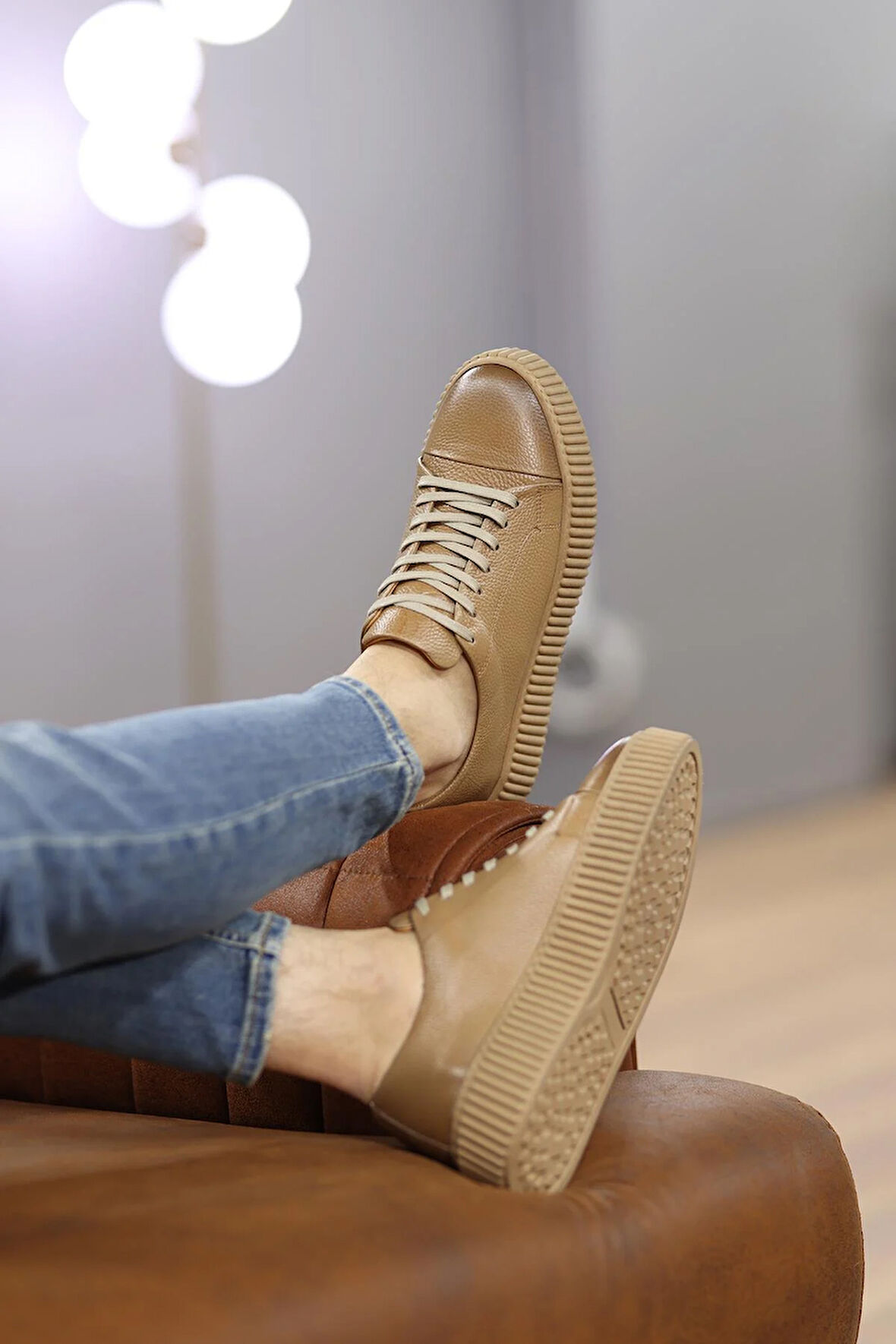 Shoetyle - Bej Deri Bağcıklı Erkek Sneaker 610-1007