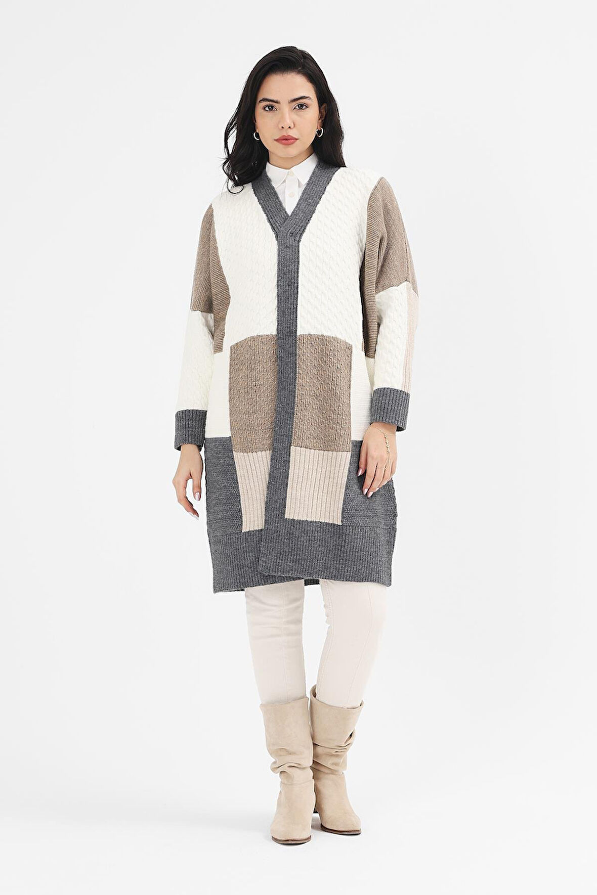Kadın Füme Düğmeli V Yaka Uzun Patchwork Desen Triko Hırka