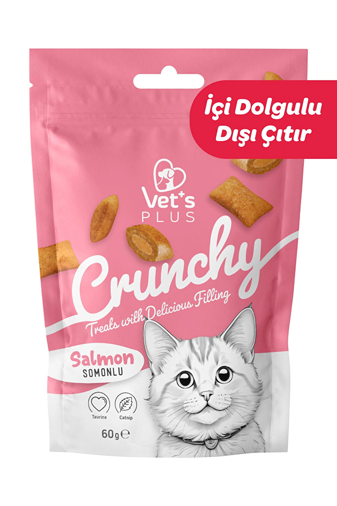 Vet's Plus Crunchy Somonlu ve Catnipli Kedi Ödül Maması 60gr 