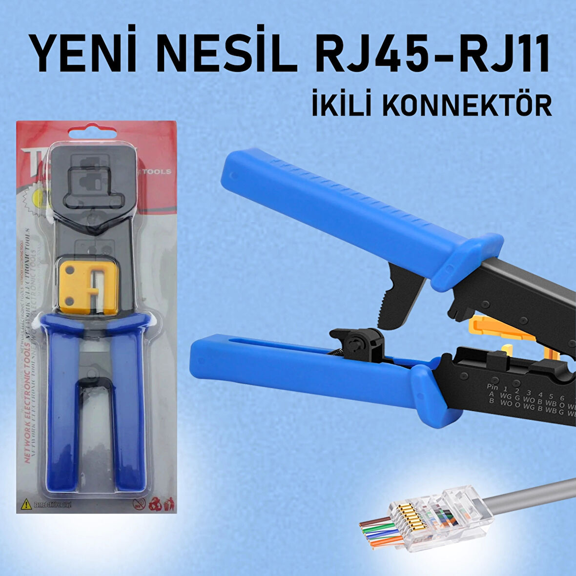 Yeni Nesil RJ45 - RJ11 İkili Konnektör - Cat5 Cat6 Ağ Network Telefon Kablosu Çakma Pensesi