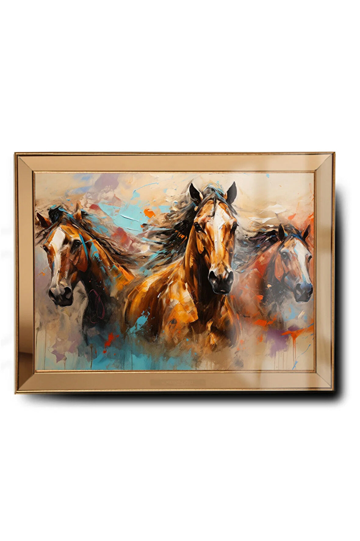 Gold Çerçeveli Yağlı Boya At Cam Ayna Çerçeveli Tablo