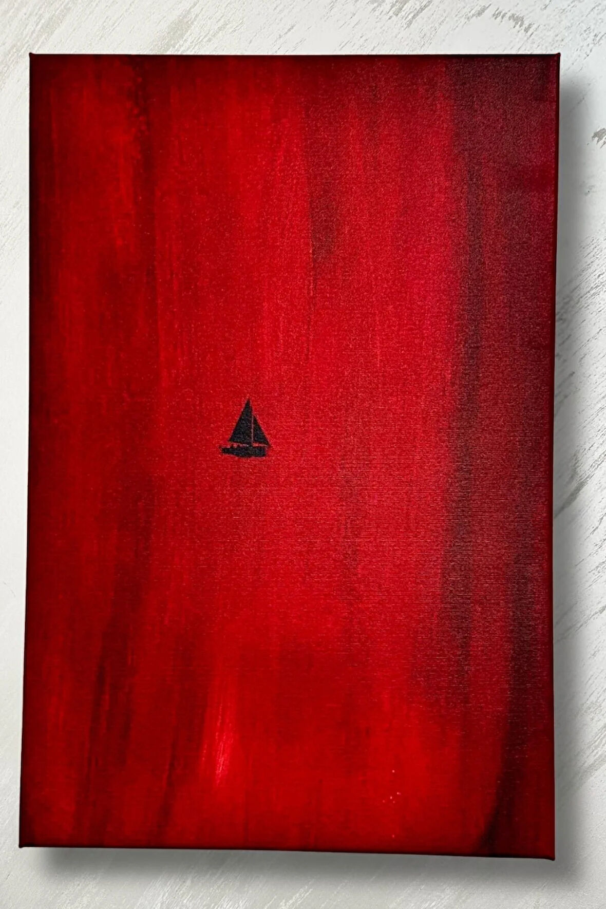 Dekoratif Duvar Dekorasyonu Kanvas Kırmızı Renkli Zemin Üzerine Mini Yelkenli Tablo