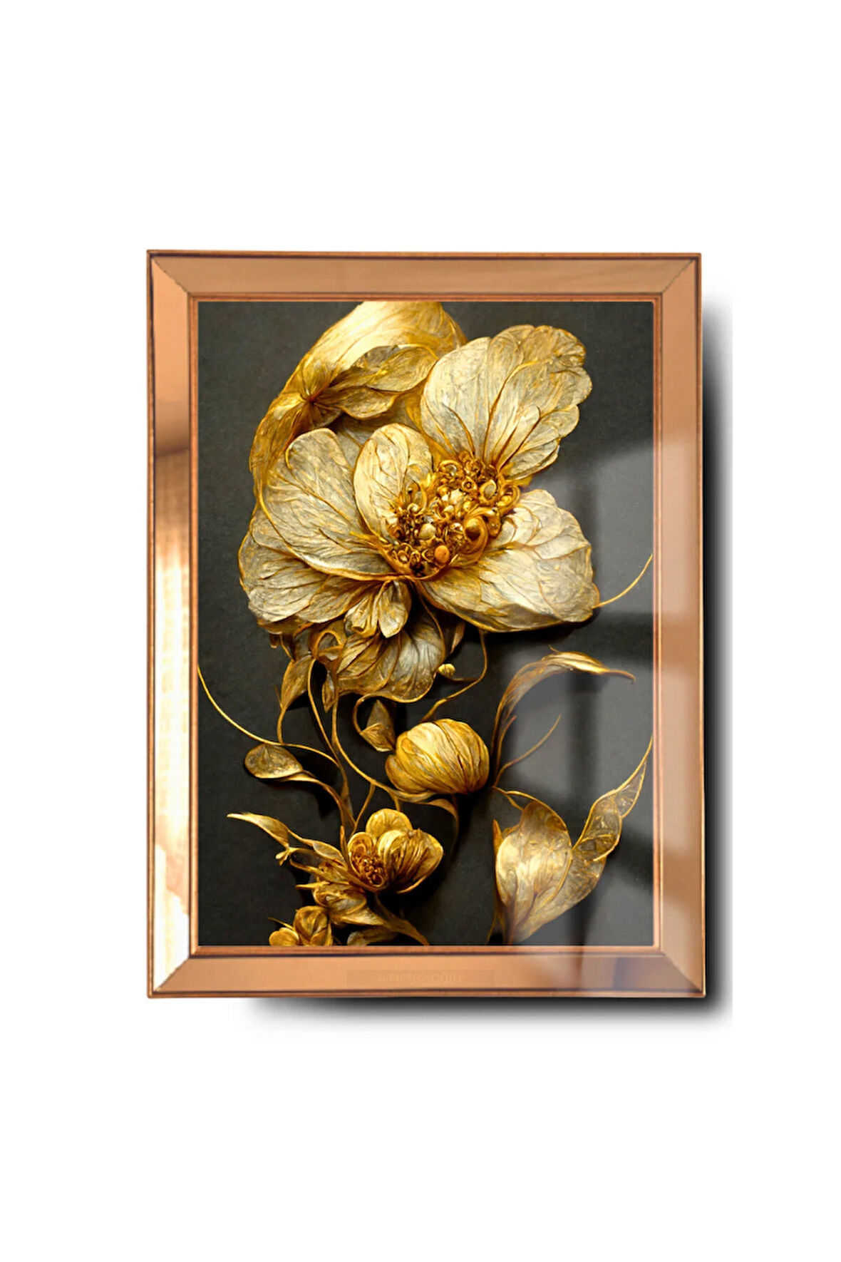 Ayna Çerçeveli Cama Baskılı 3d Çiçek Cam Gold Siyah Detaylı Tablo