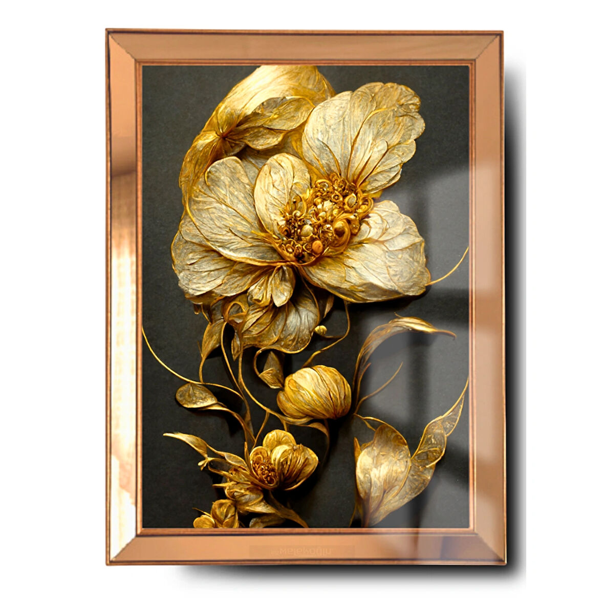 Ayna Çerçeveli Cama Baskılı 3d Çiçek Cam Gold Siyah Detaylı Tablo 50*70