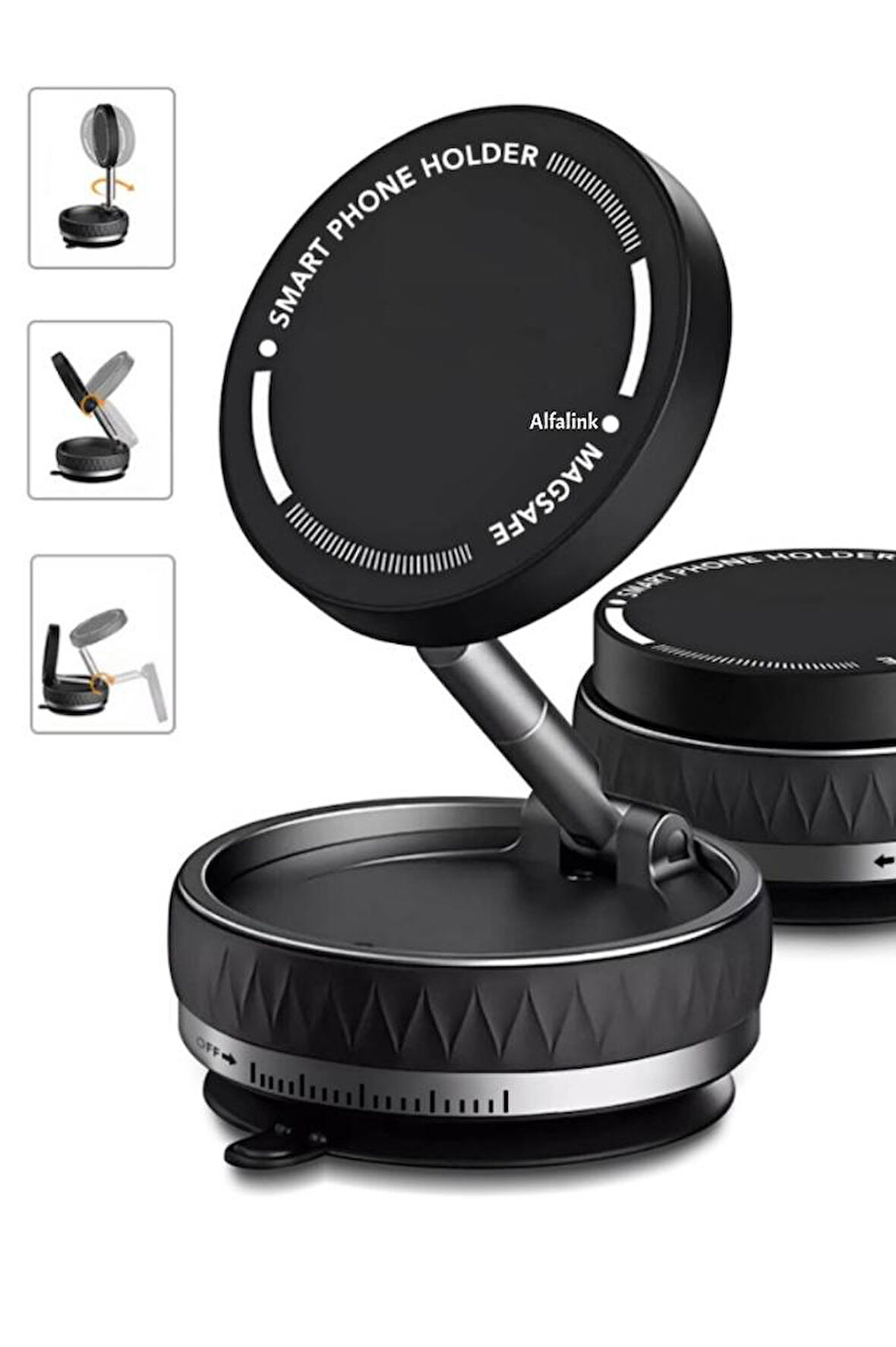 Alfalink K10B Siyah Vacum Katlanır Araç Telefon Tutucu - Ayna-Cam MagSafe
