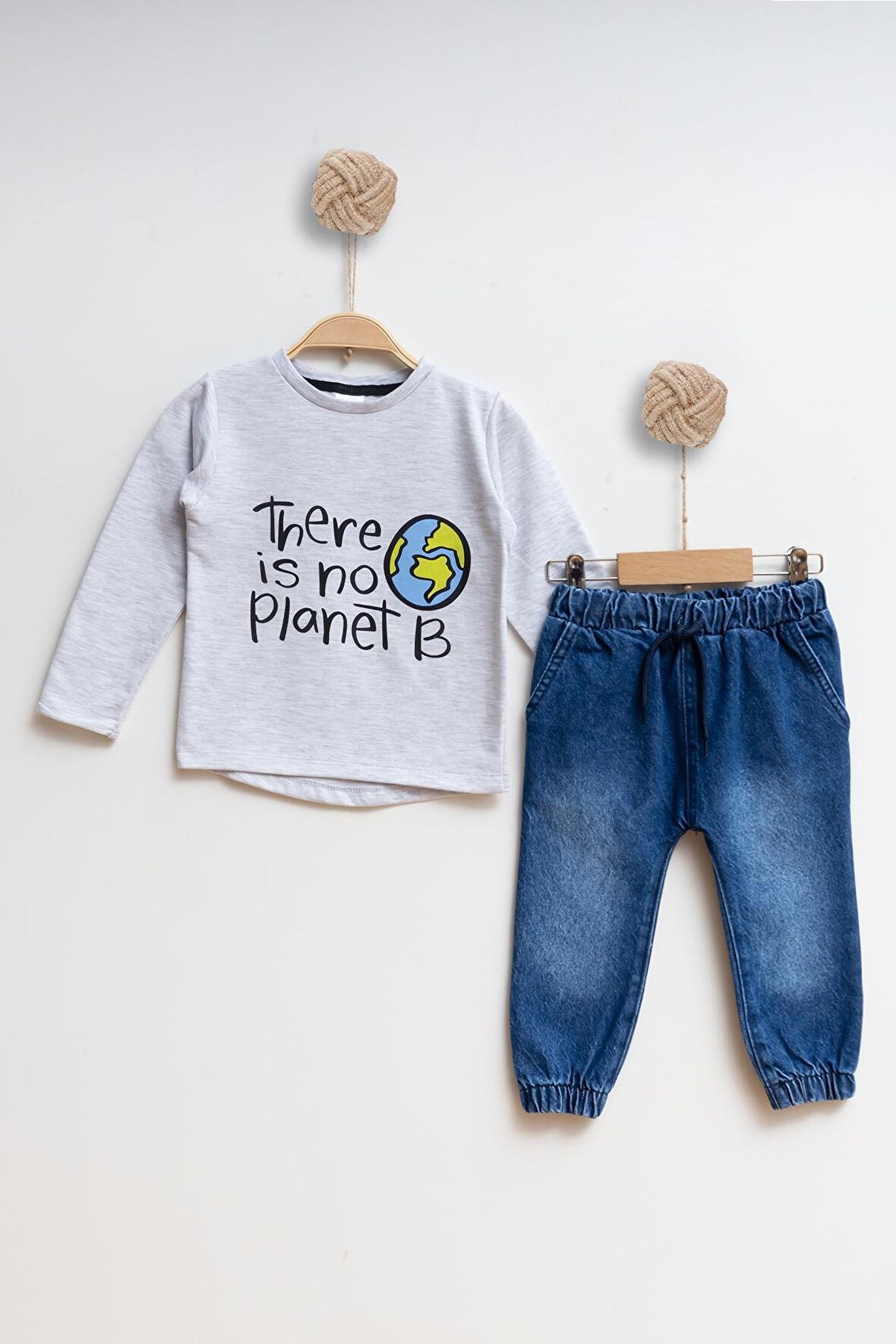 Çocuk Kot Sweatshirt Erkek Alt Üst Takım There is no Planet B - MELANJ GRİ - 5 YAŞ