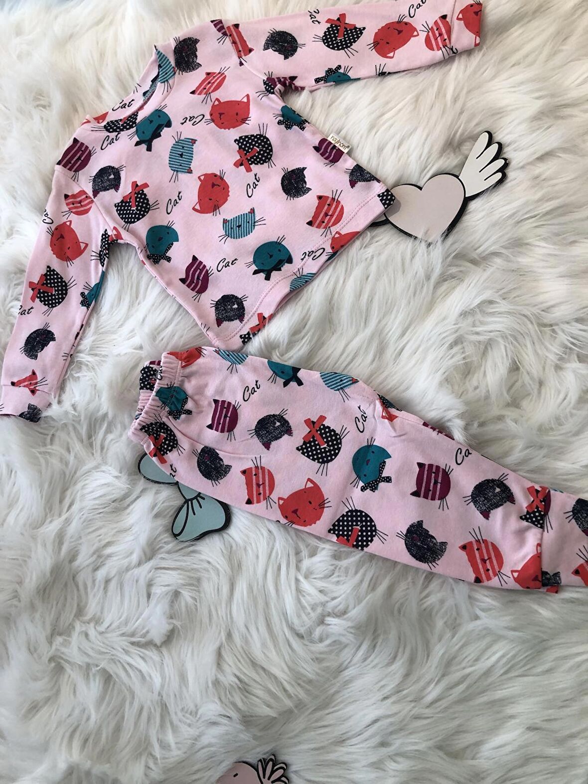 Kedi Baskılı Uzun kollu Kız Pijama Takımı 1054