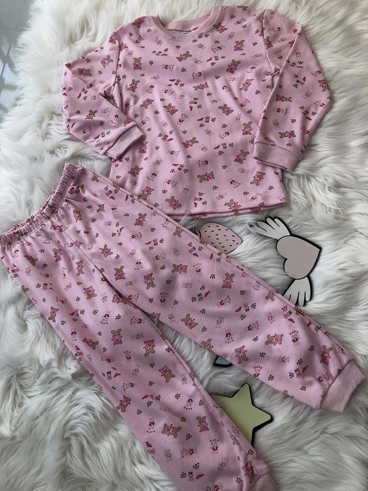 Ayıcıklı Bisiklet Yaka Uzun Kollu Kız Pijama Takımı 258