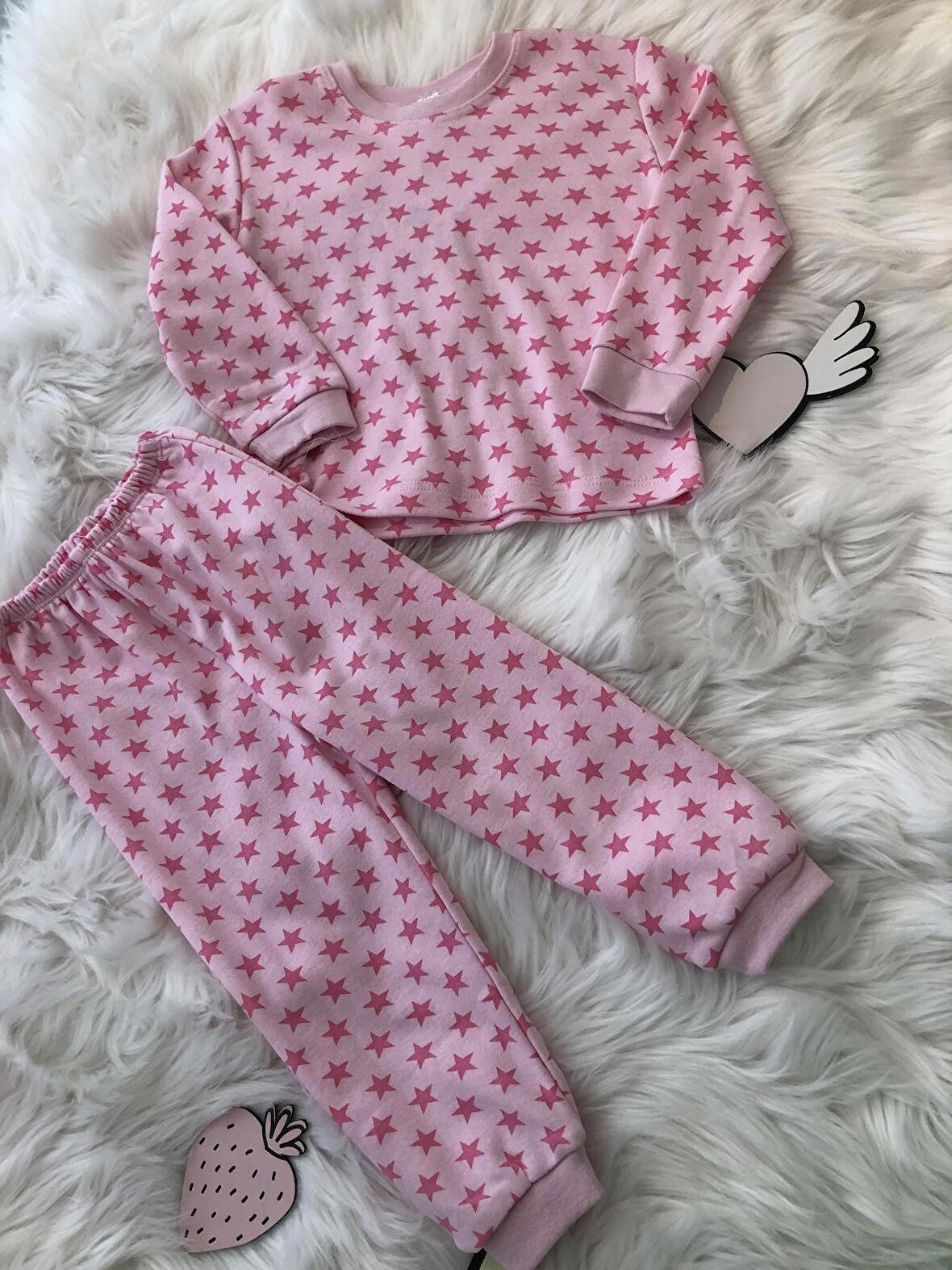 Yıldız Desenli Pembe Pamuklu Kız Pijama Takımı 220