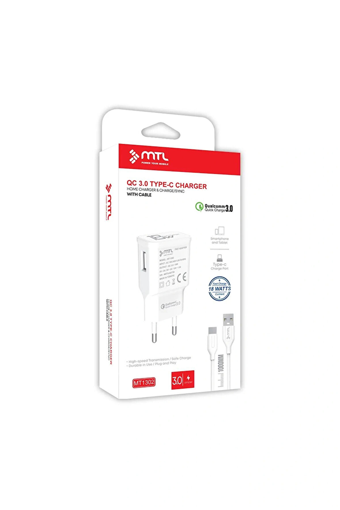 3 Amper 18W Type-C USB Hızlı Ev Tipi Şarj Seti MT1302