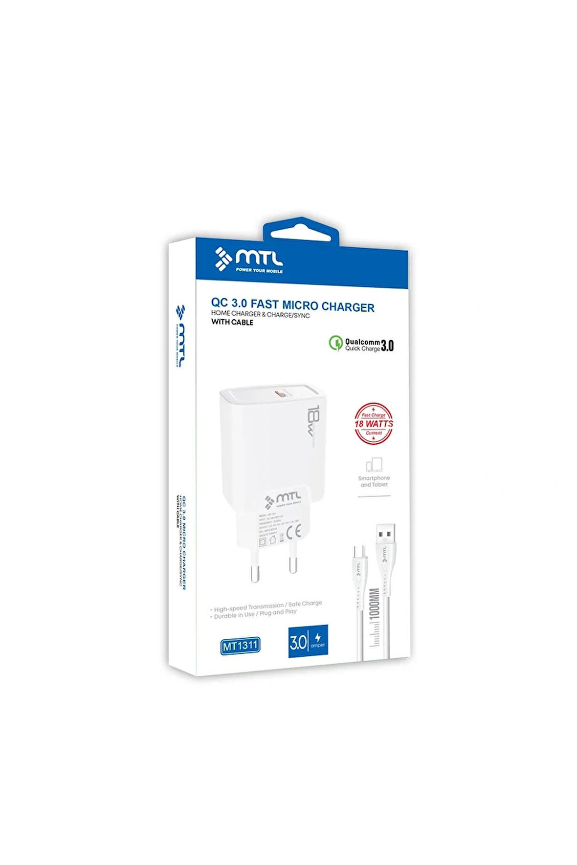3 Amper 18w Micro Usb Hızlı Ev Tipi Şarj Seti Mt1311